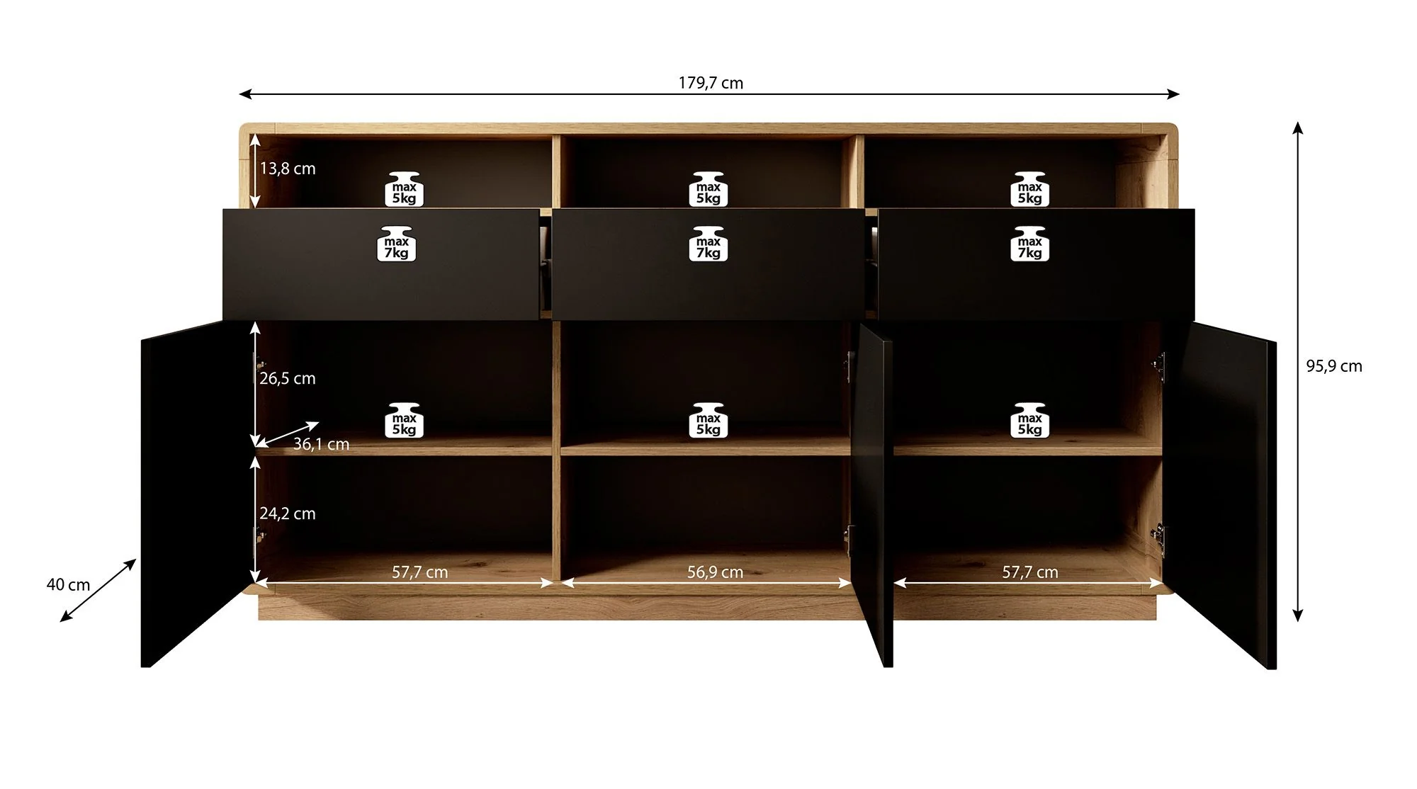 Acuna - Dressoir - Zwart/eiken - 180x40x96 cm - Image 5