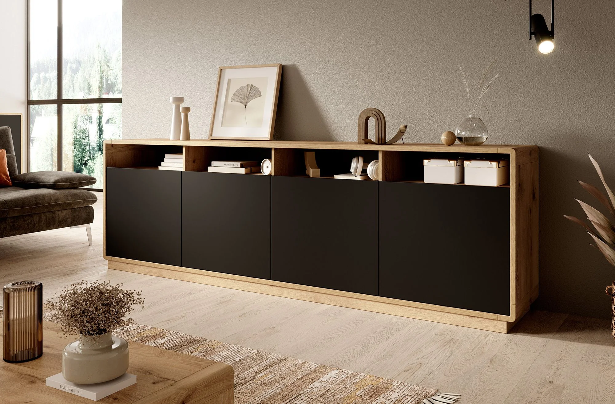 Acuna - Dressoir - Zwart/eiken - 238x40x75 cm