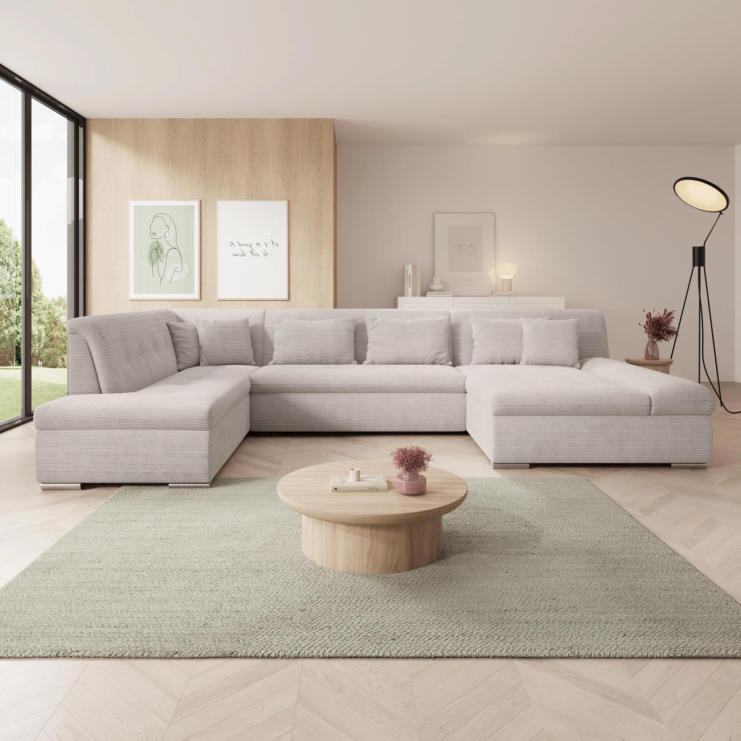 Alberta XL - Hoekbank 5-zits met slaapfunctie - Ribstof beige - Rechts - 346x207x80 cm - Image 4