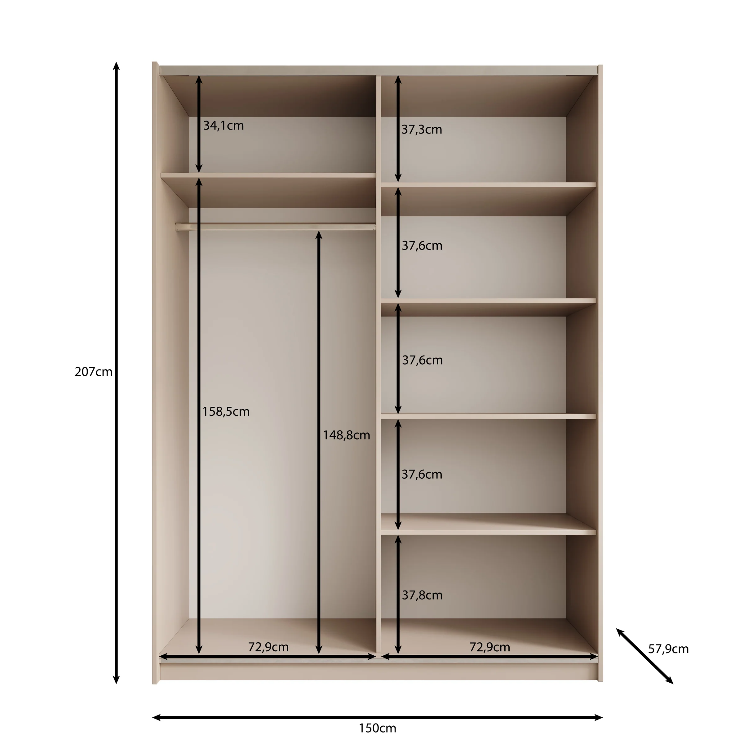 Andros - Kledingkast met schuifdeuren - Donker eiken - 150x58x207 cm - Image 5