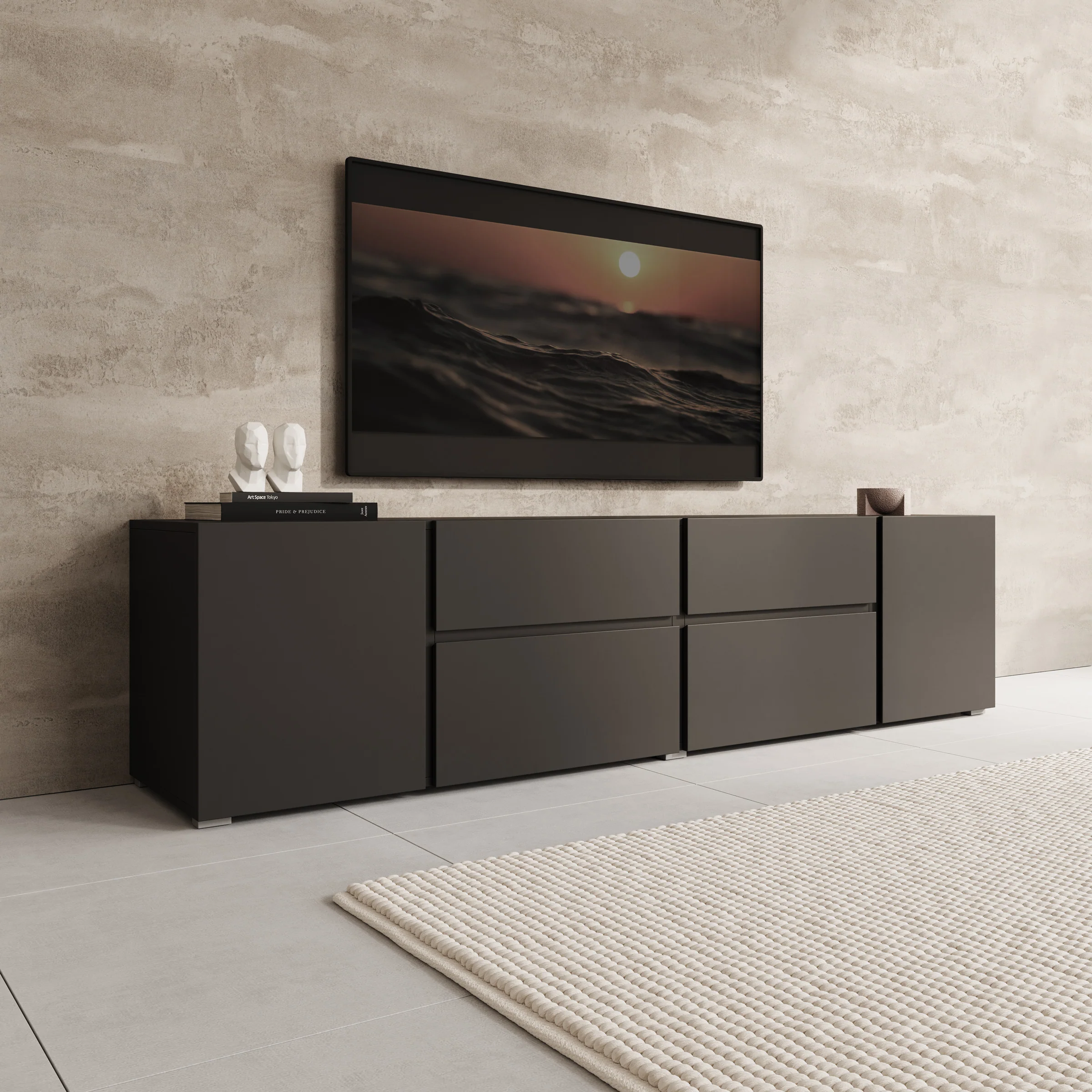Aroji - TV-Meubel - Zwart - 195x40x48 cm