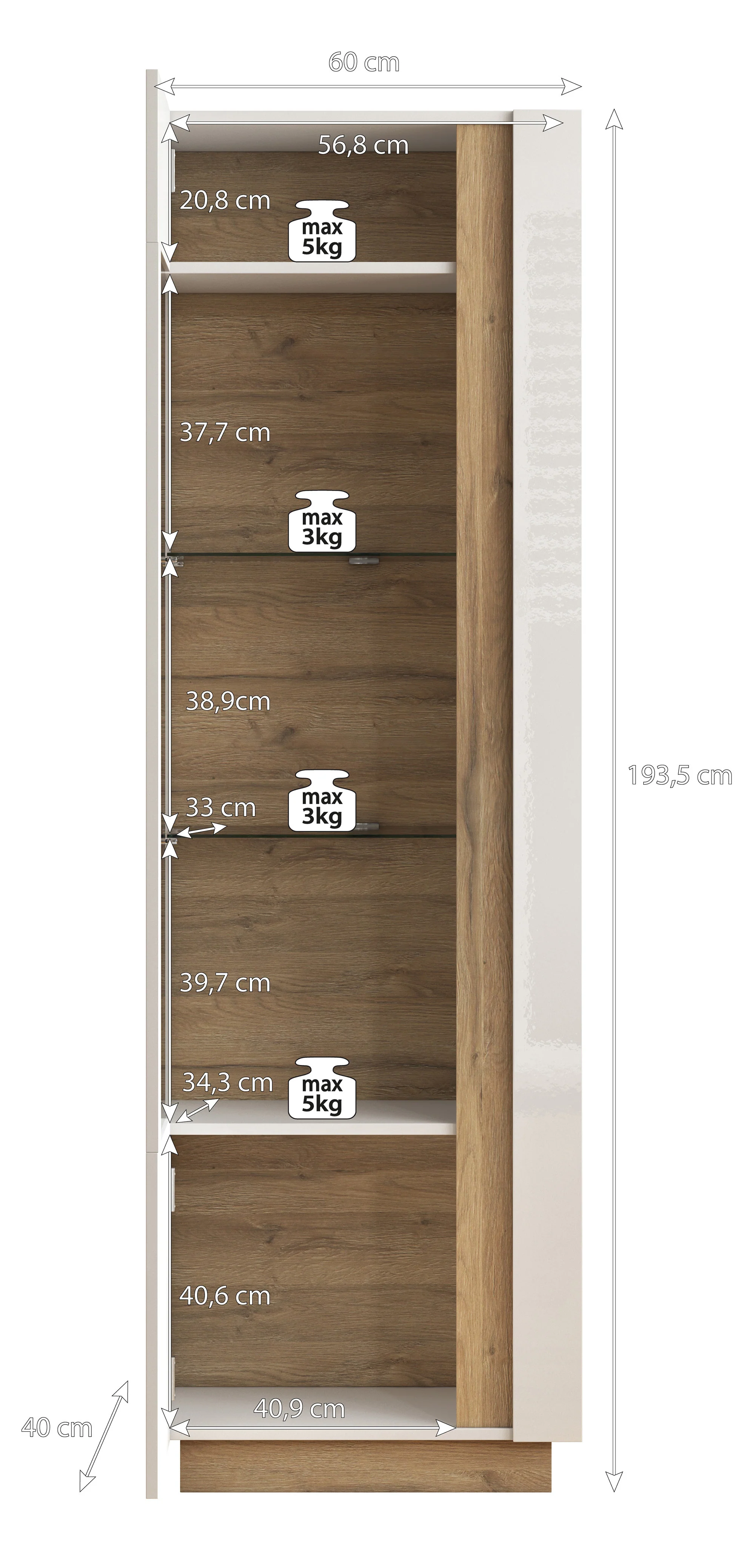 Ashley - Vitrinekast - Wit/eiken - 60x40x194 cm - Image 4