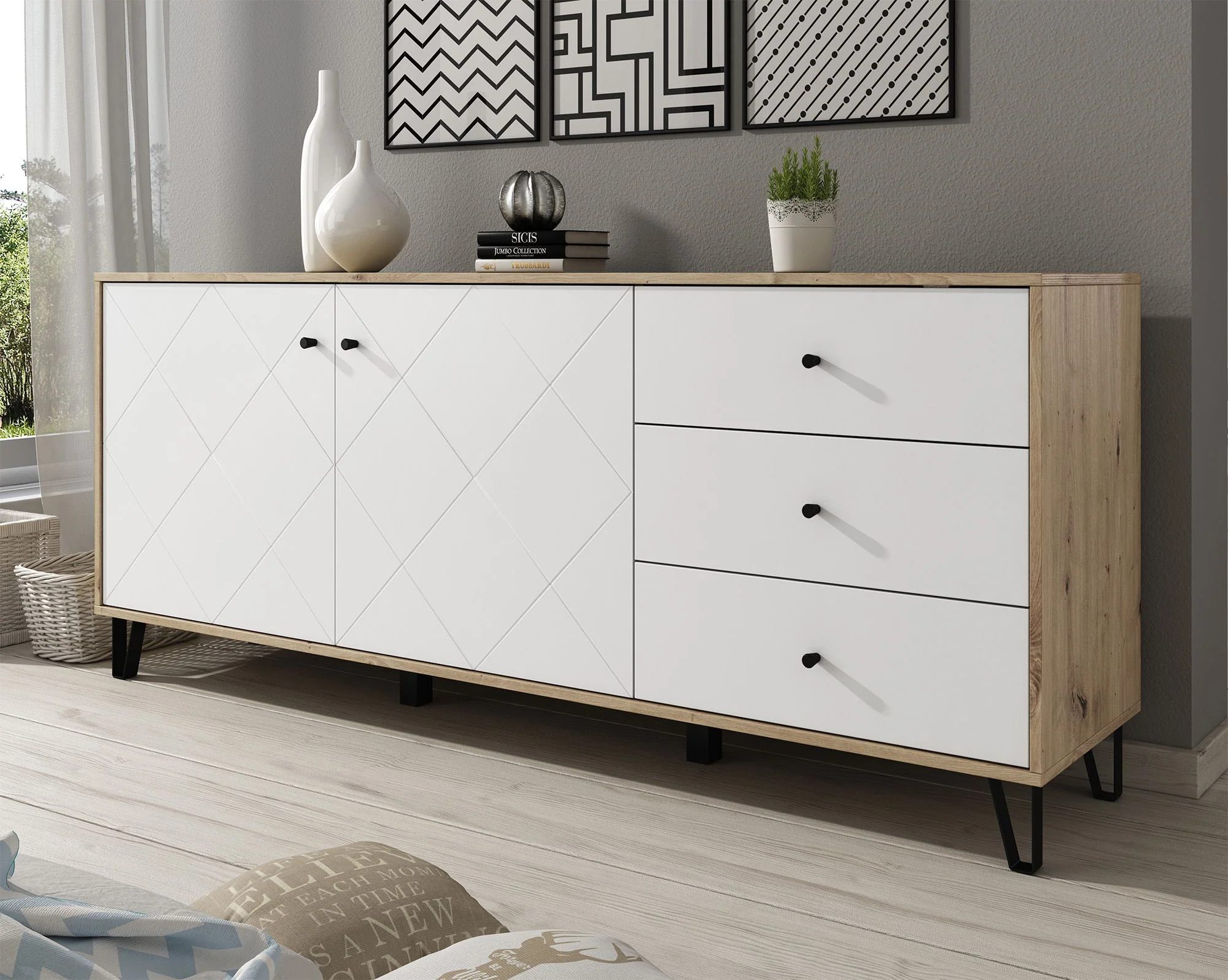 Barlo - Dressoir - Wit/eiken - 183x40x75 cm