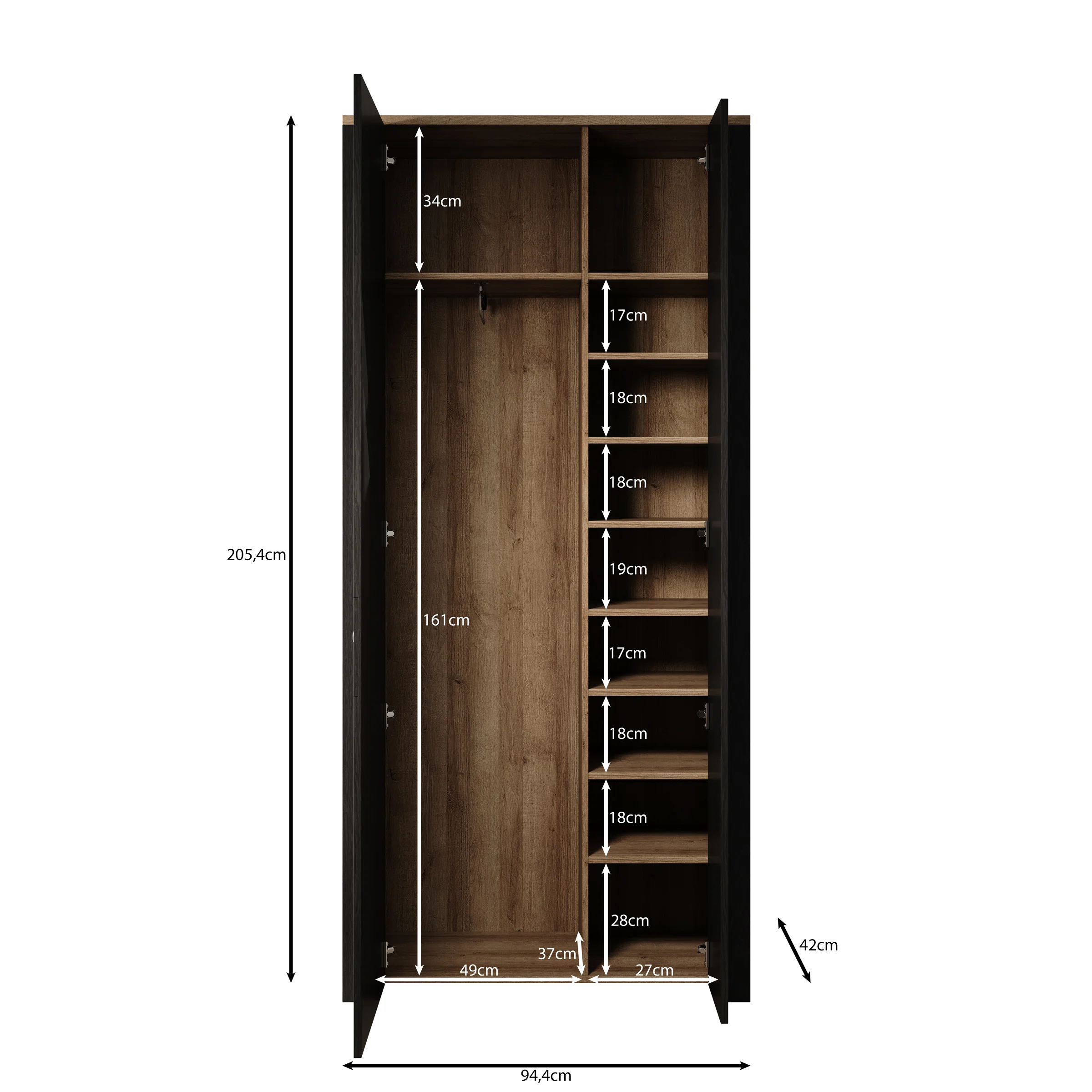 Borello - Kledingkast 2 deurs - Zwart - 94x42x205 cm - Image 5