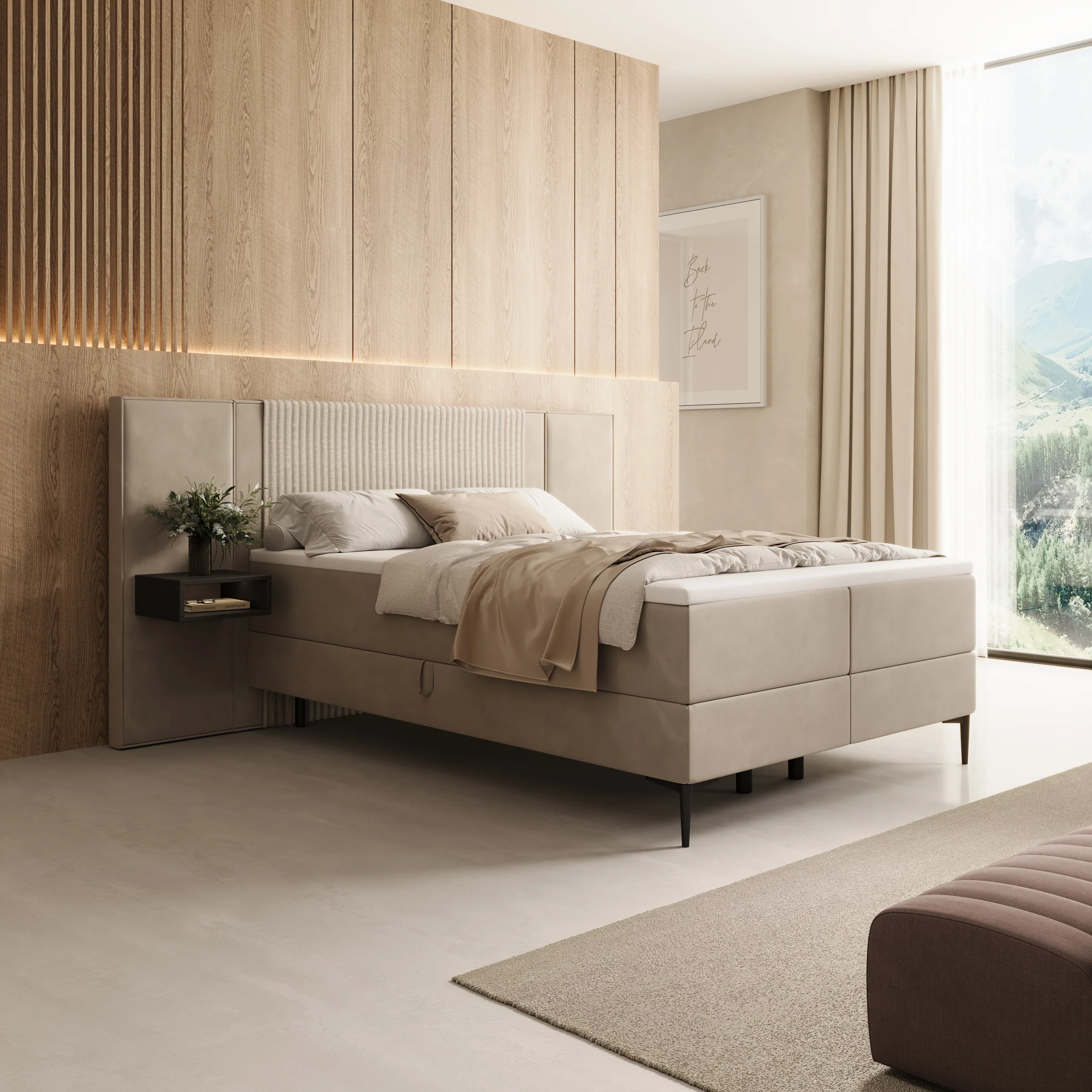 Boyd - Boxspring met nachtkastjes en LED - Velvet beige - 140x200 cm