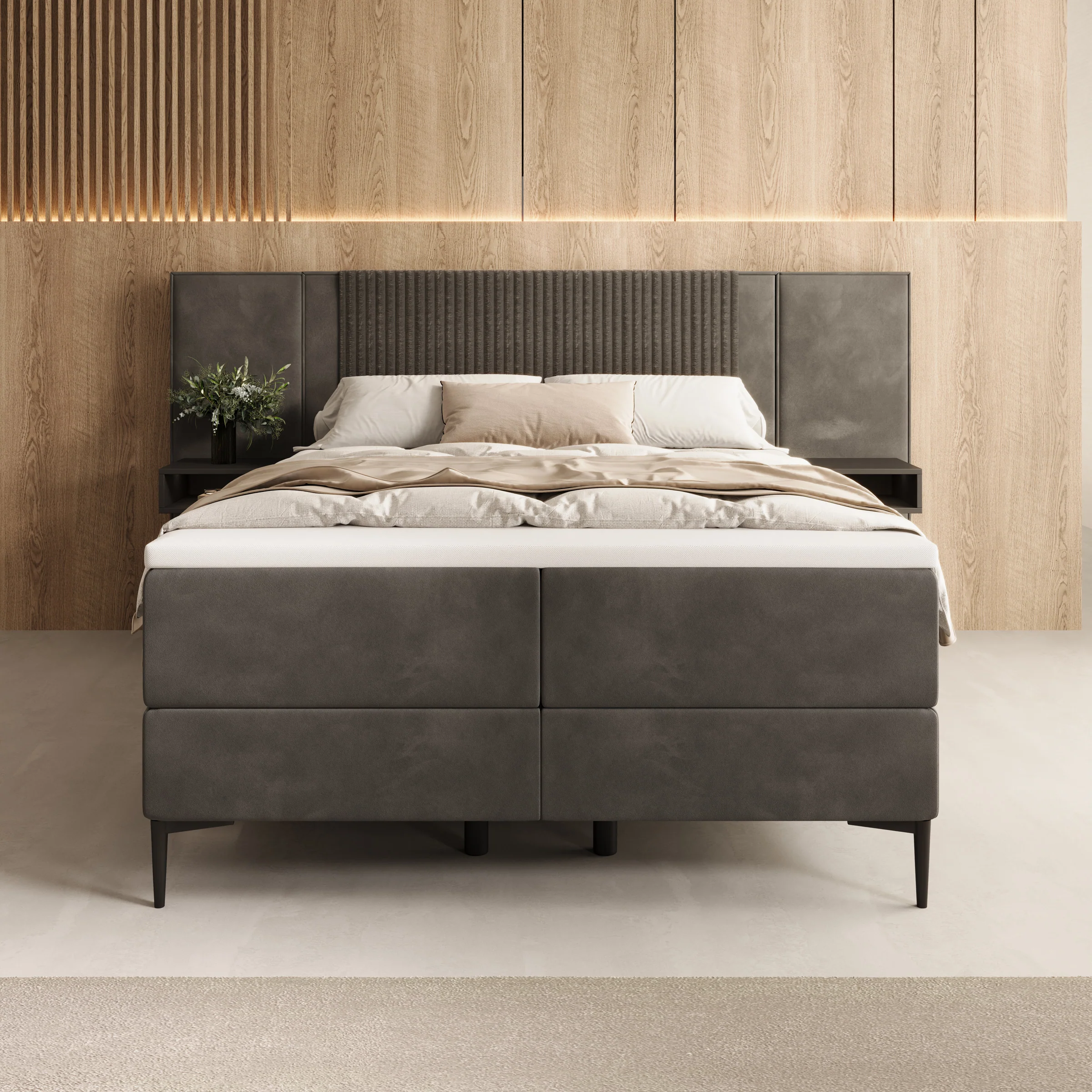 Boyd - Boxspring met nachtkastjes en LED - Velvet zwart - 140x200 cm - Image 3