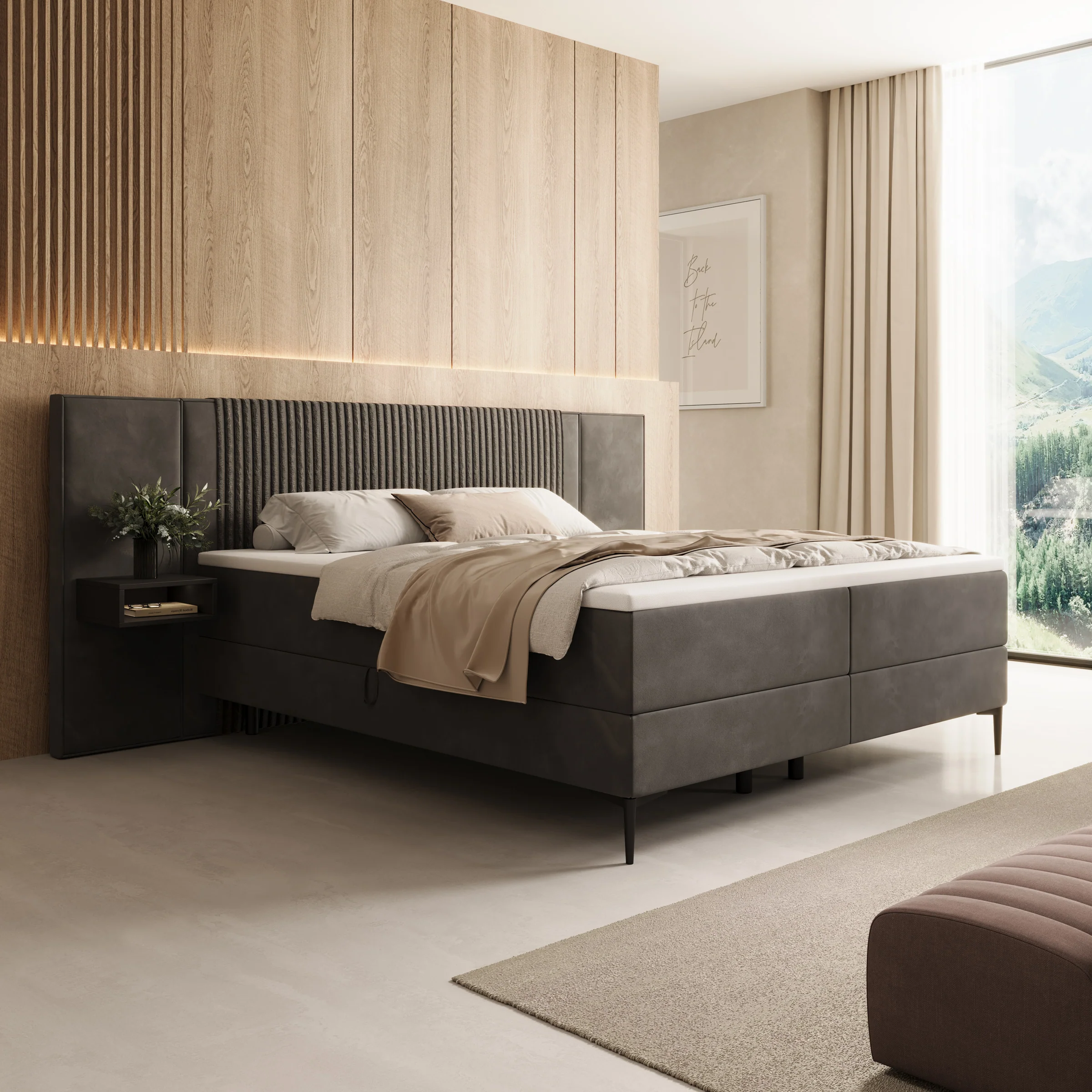 Boyd - Boxspring met nachtkastjes en LED - Velvet zwart - 180x200 cm