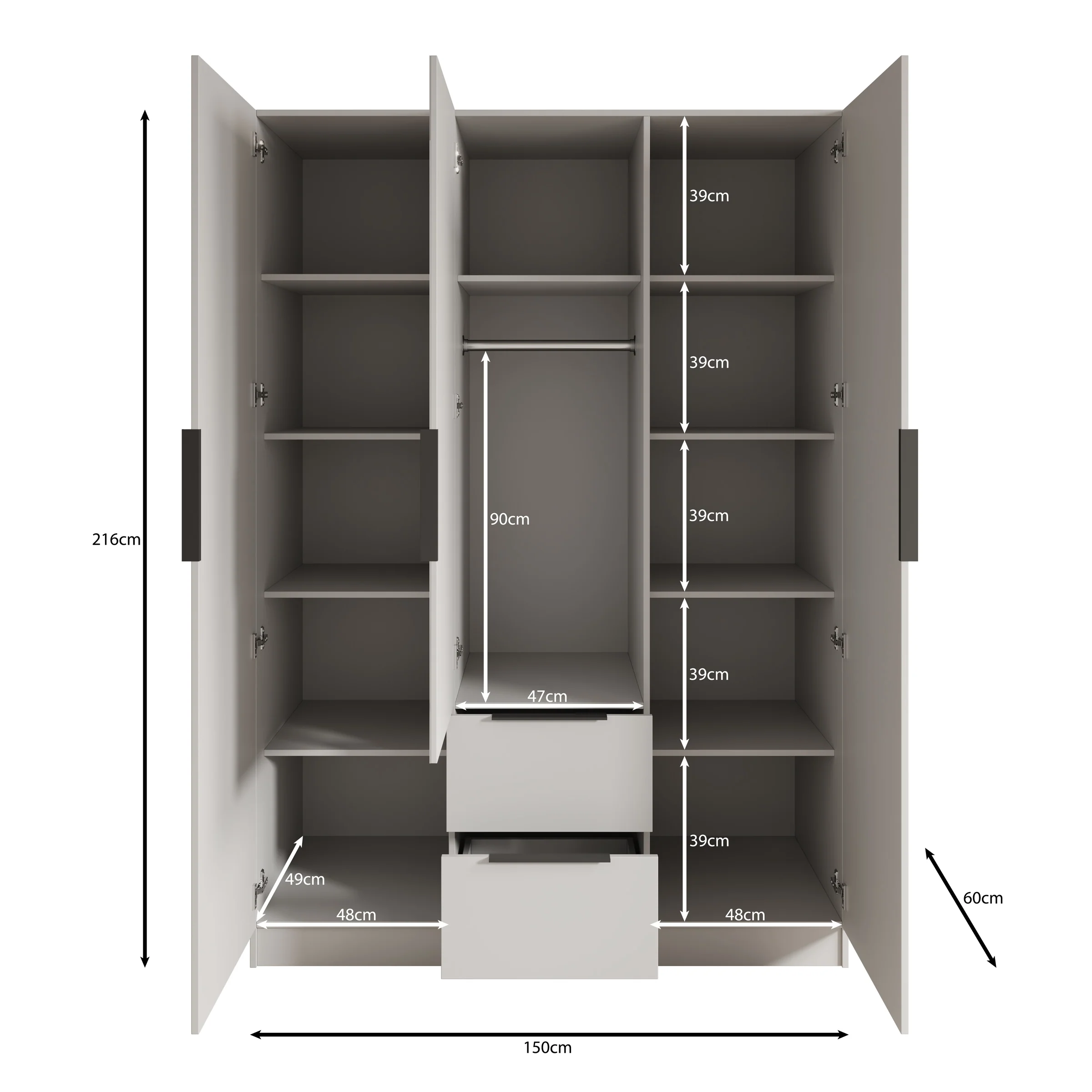 Caliero - Kledingkast 3-deurs met spiegel - Wit - 150x60x216 - Image 5