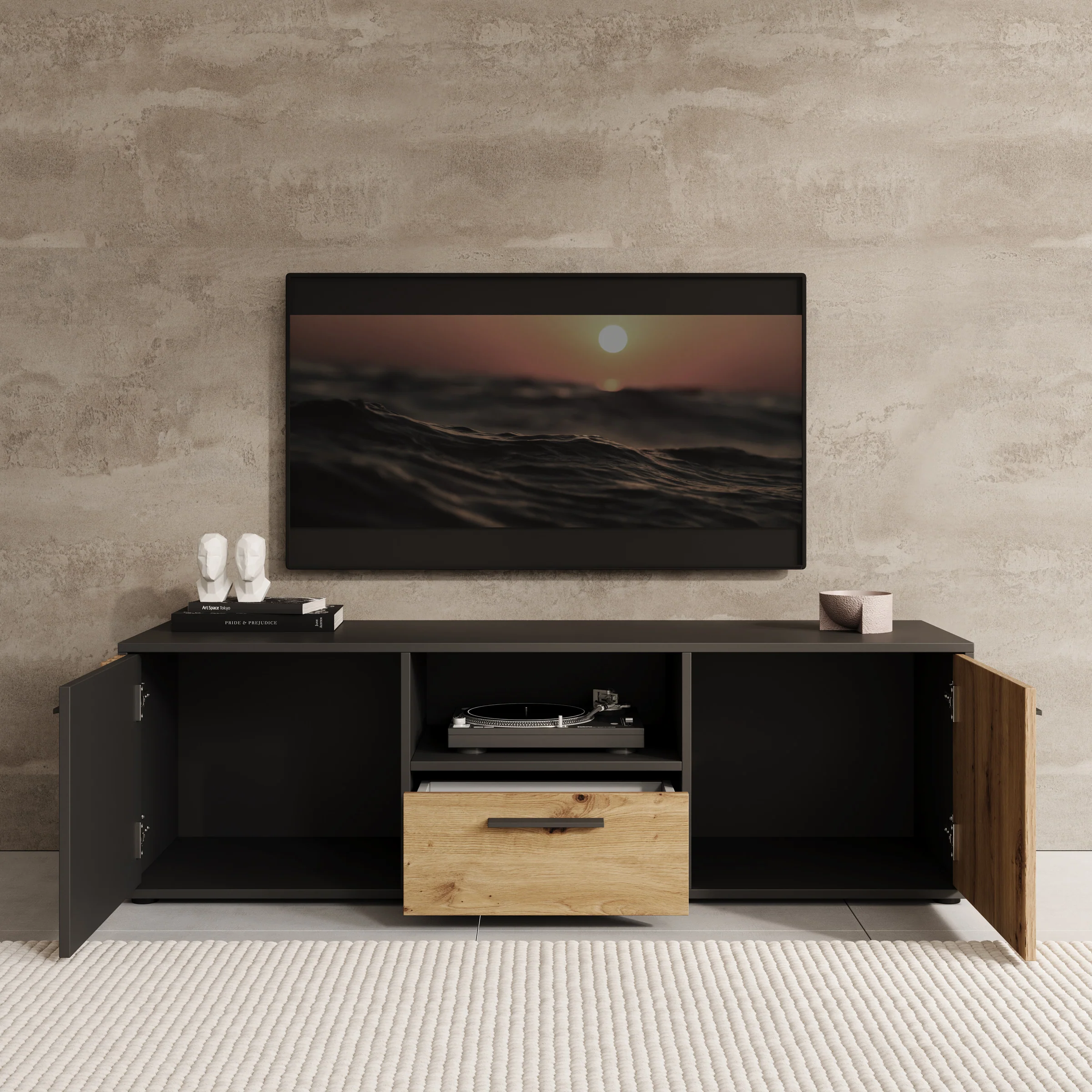 Clover - TV-Meubel - Eiken/Zwart - 143x42x44 cm - Image 2