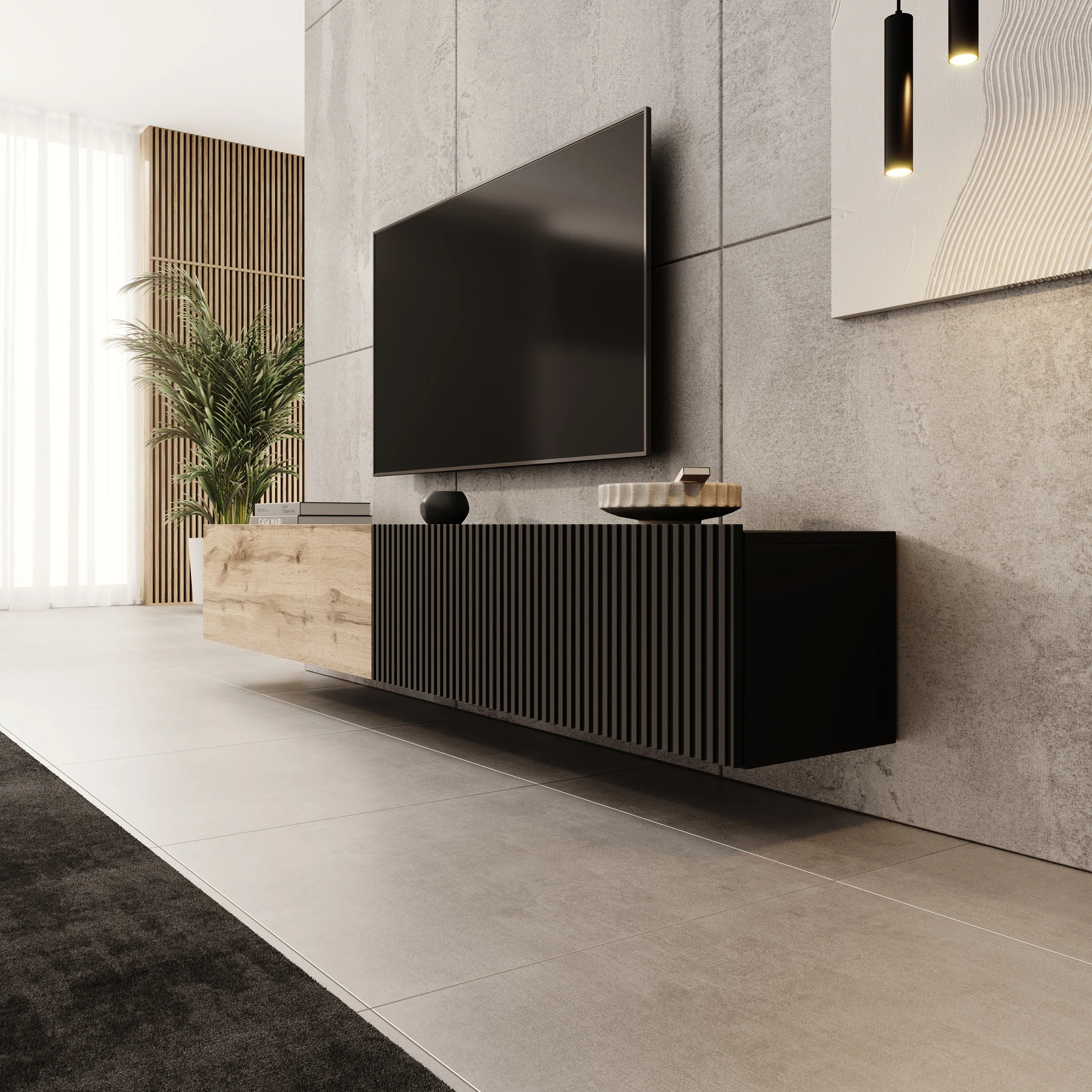 Cruzar - TV-Meubel - Zwart/Eiken - 200x30x31 cm - Image 4