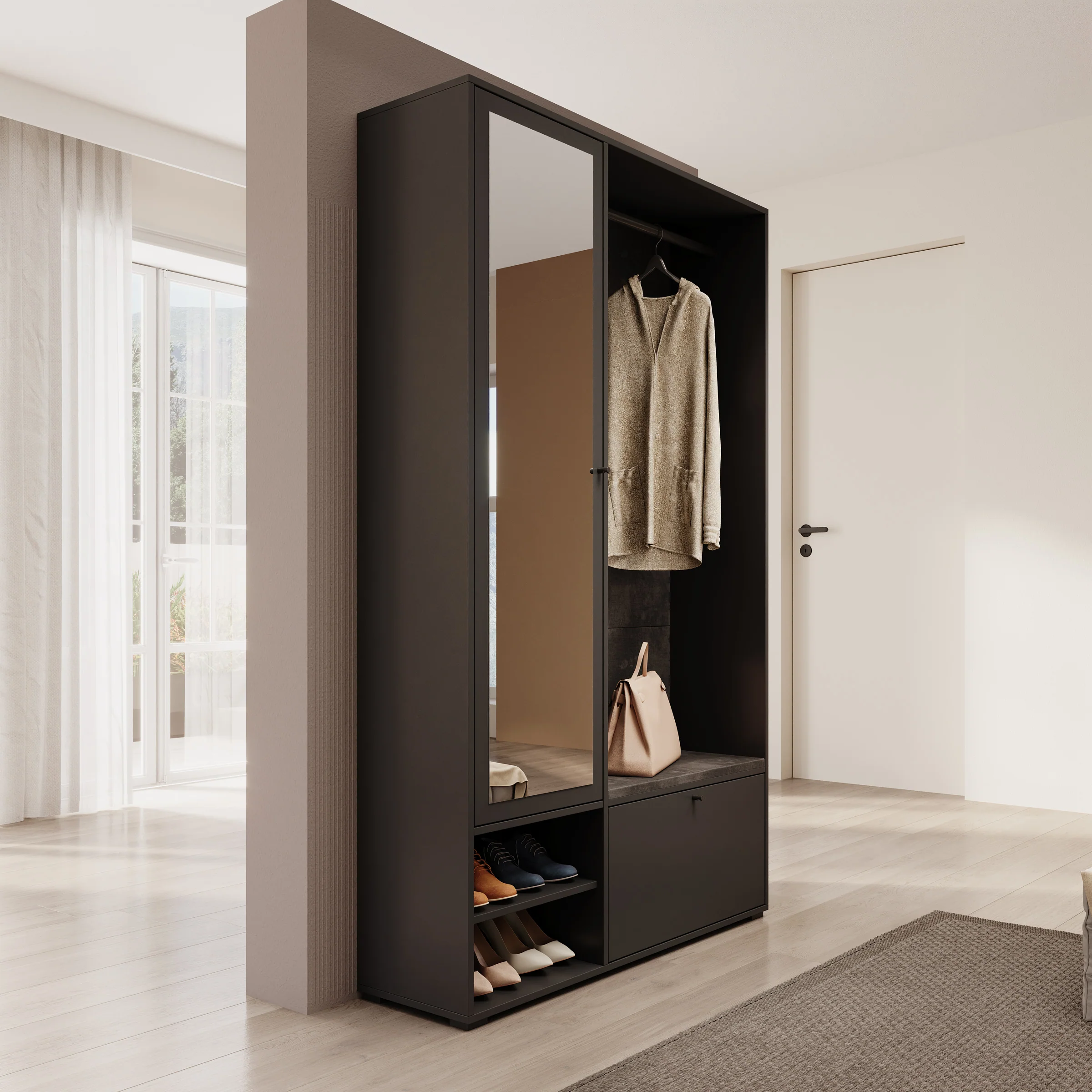 Deacon - Halkast 1 deur - Zwart - 117x33x190 cm