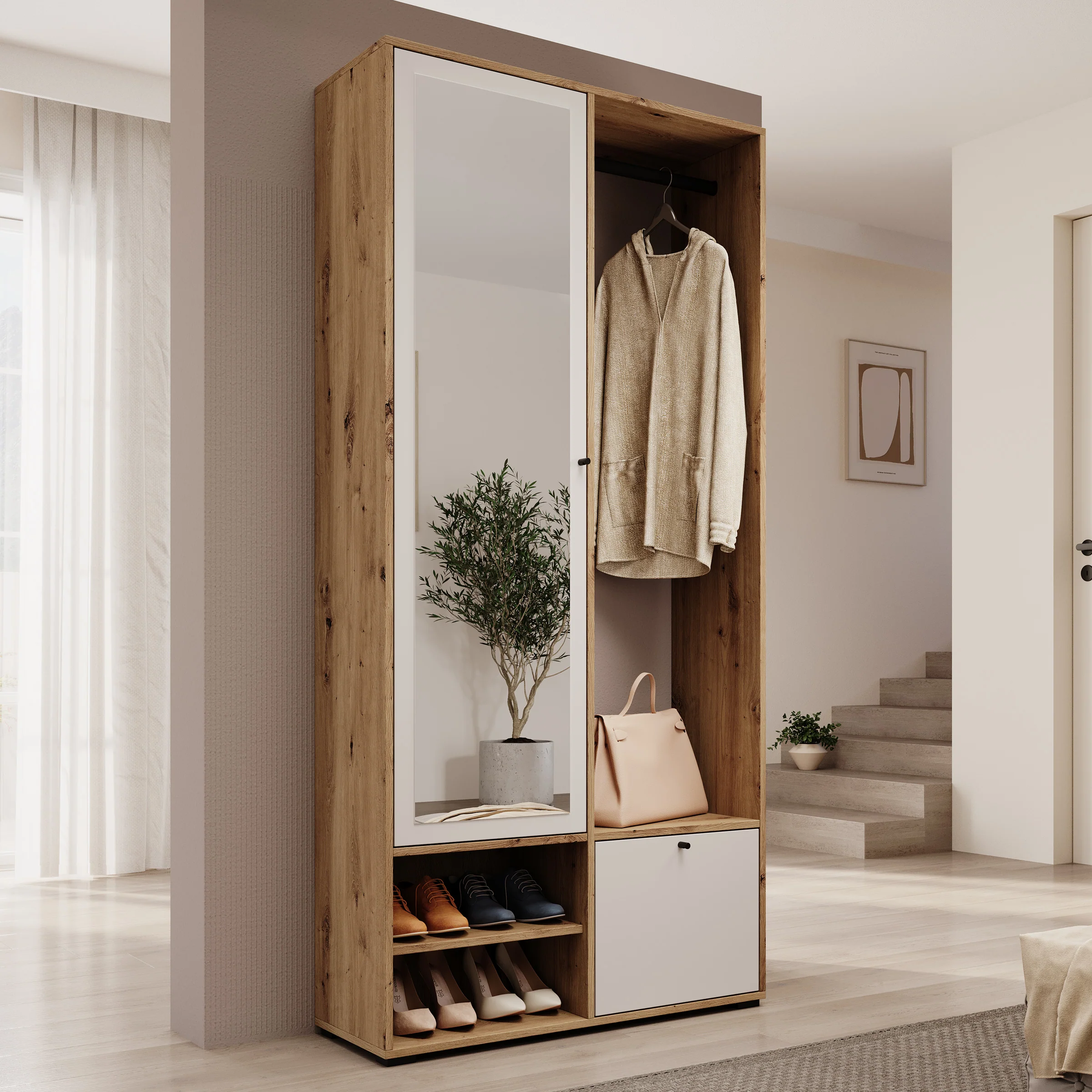 Deacon - Halkast met 2 deuren - Eiken/Wit - 90x33x190 cm