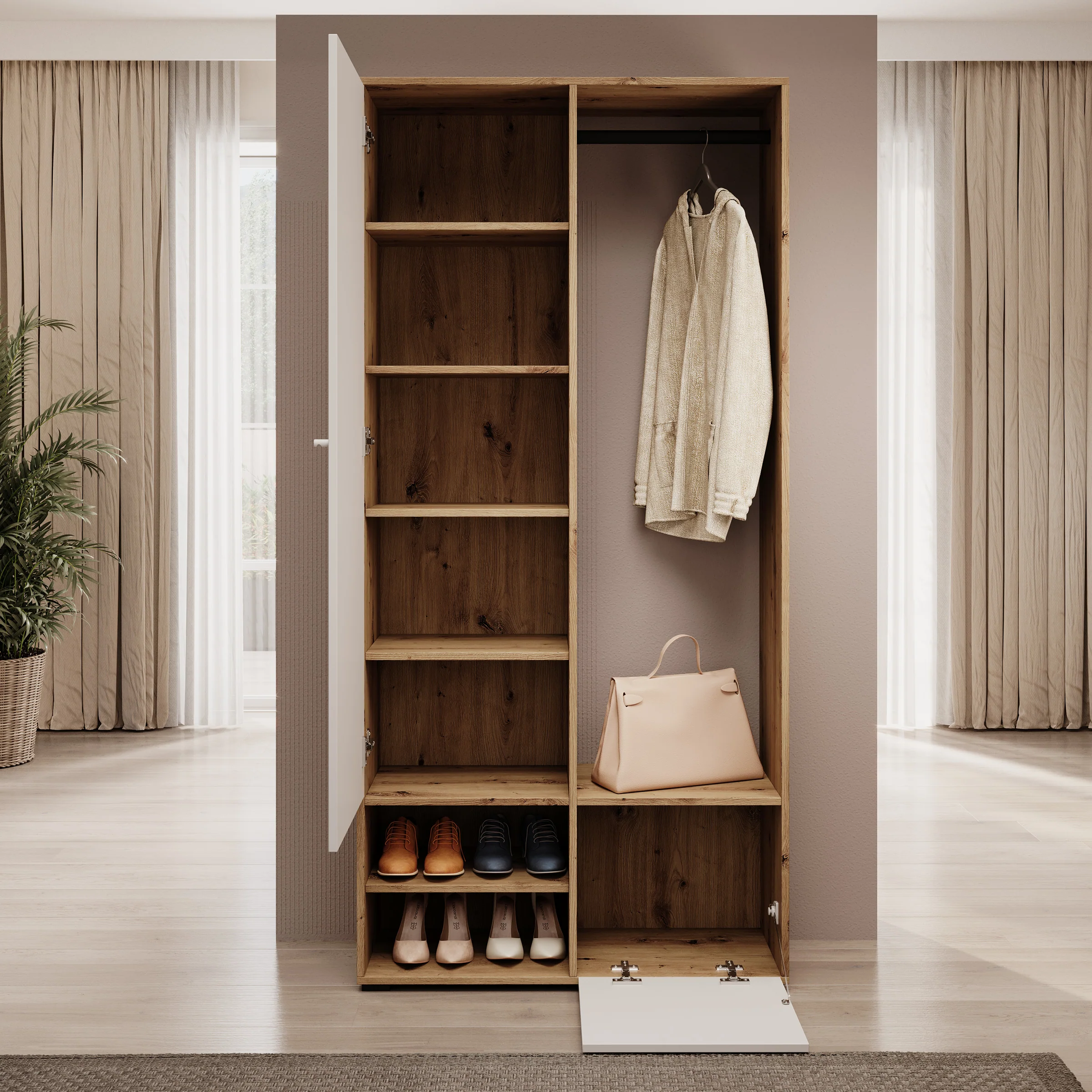 Deacon - Halkast met 2 deuren - Eiken/Wit - 90x33x190 cm - Image 2