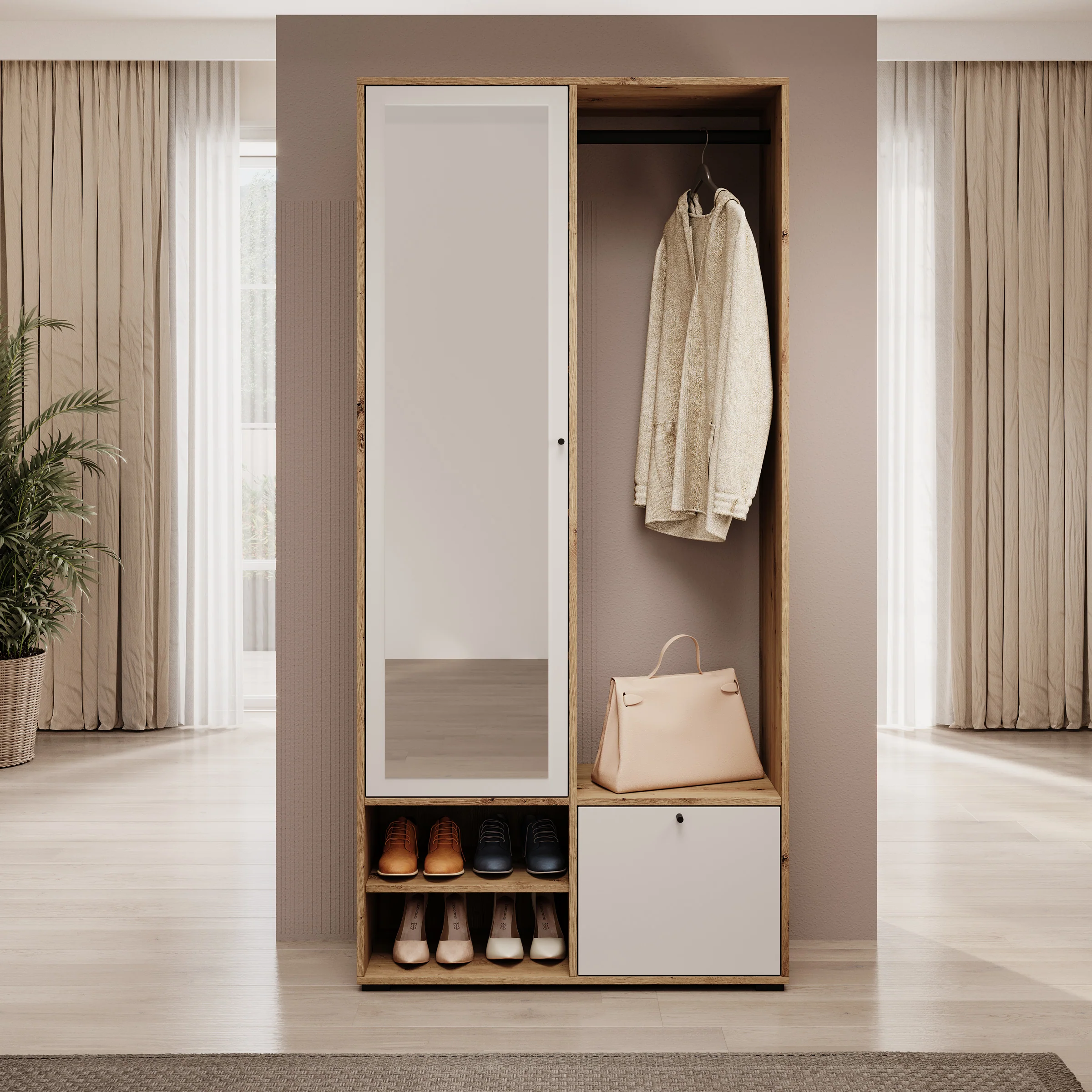 Deacon - Halkast met 2 deuren - Eiken/Wit - 90x33x190 cm - Image 3