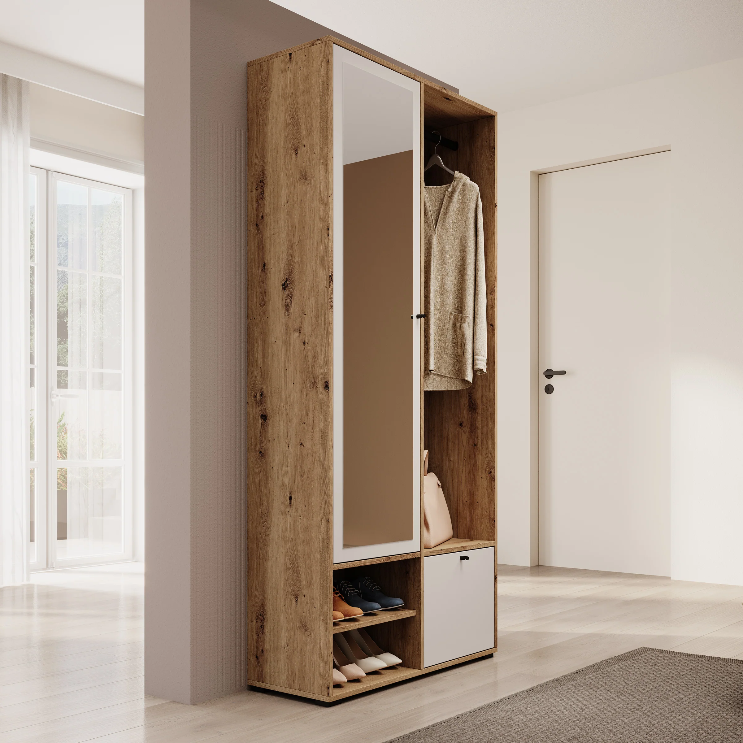 Deacon - Halkast met 2 deuren - Eiken/Wit - 90x33x190 cm - Image 4