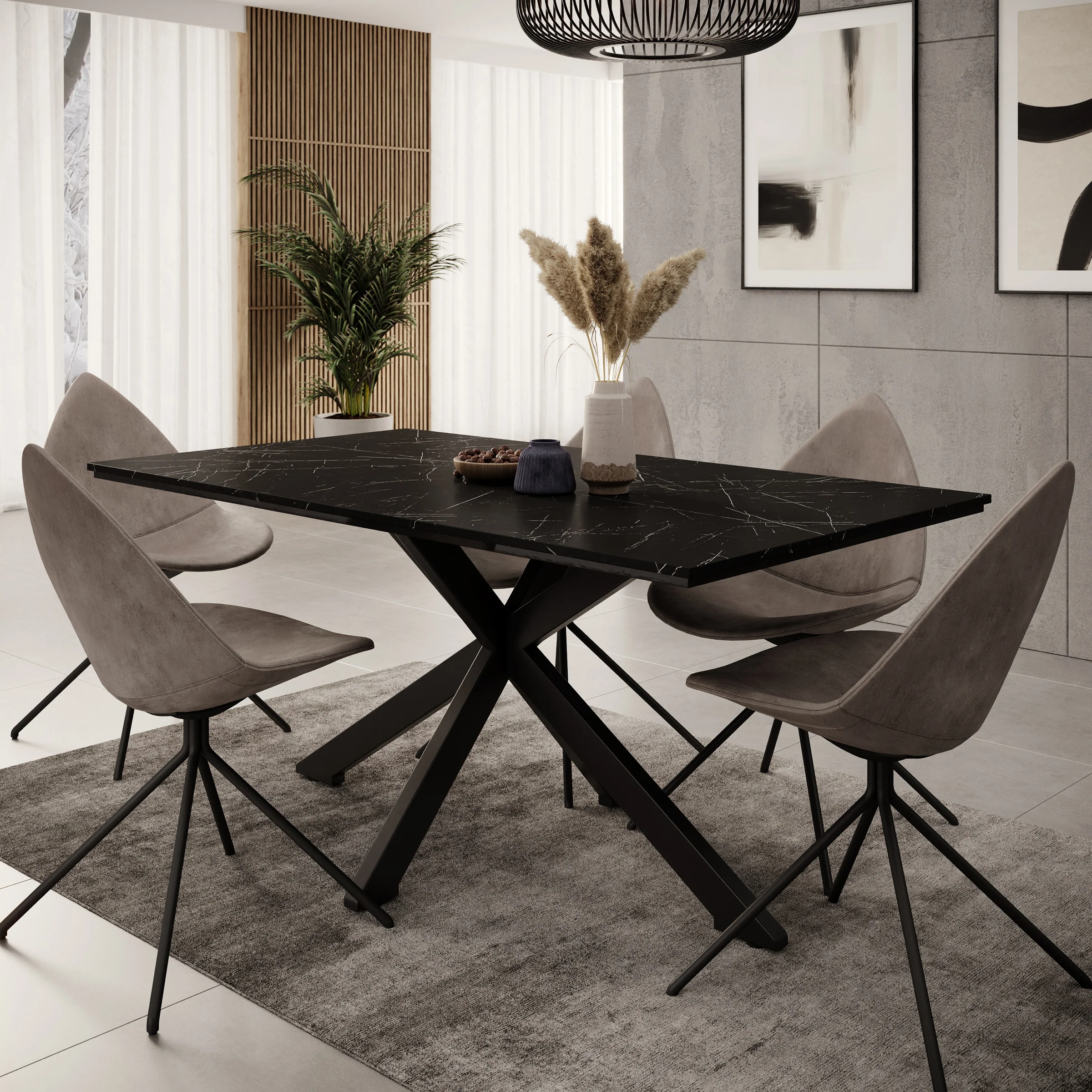 Wabe - Eetkamertafel - Zwart marmerlook - 160x90x74 cm
