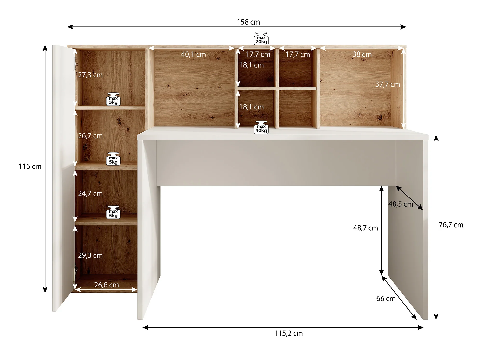 Elze - Bureau - Eiken/wit - 158x66 cm - Image 6