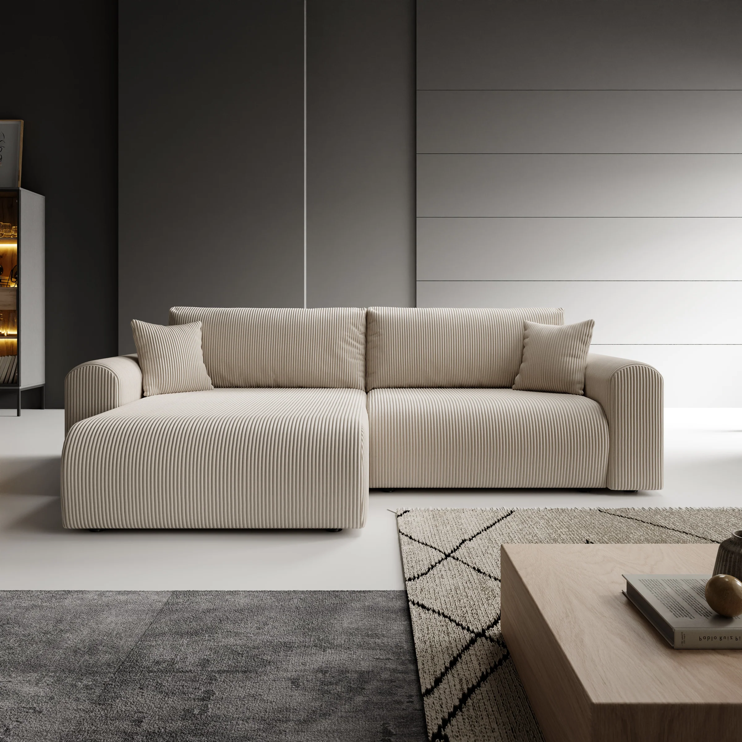 Fayel - Hoekbank 2-zits met chaise longue - Ribstof beige - Image 2
