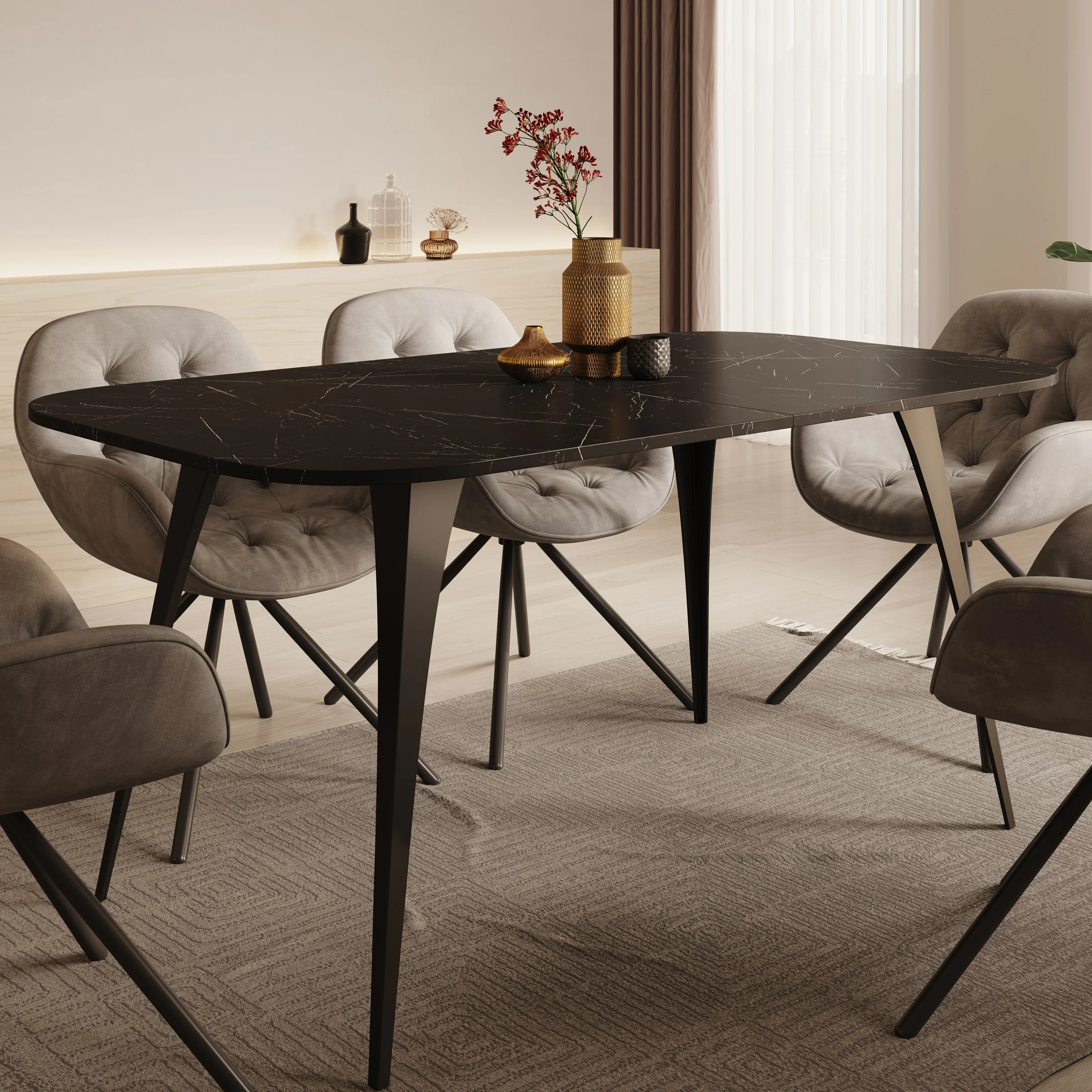 Flix - Eetkamertafel - Zwart marmerlook - 160x90x76 cm