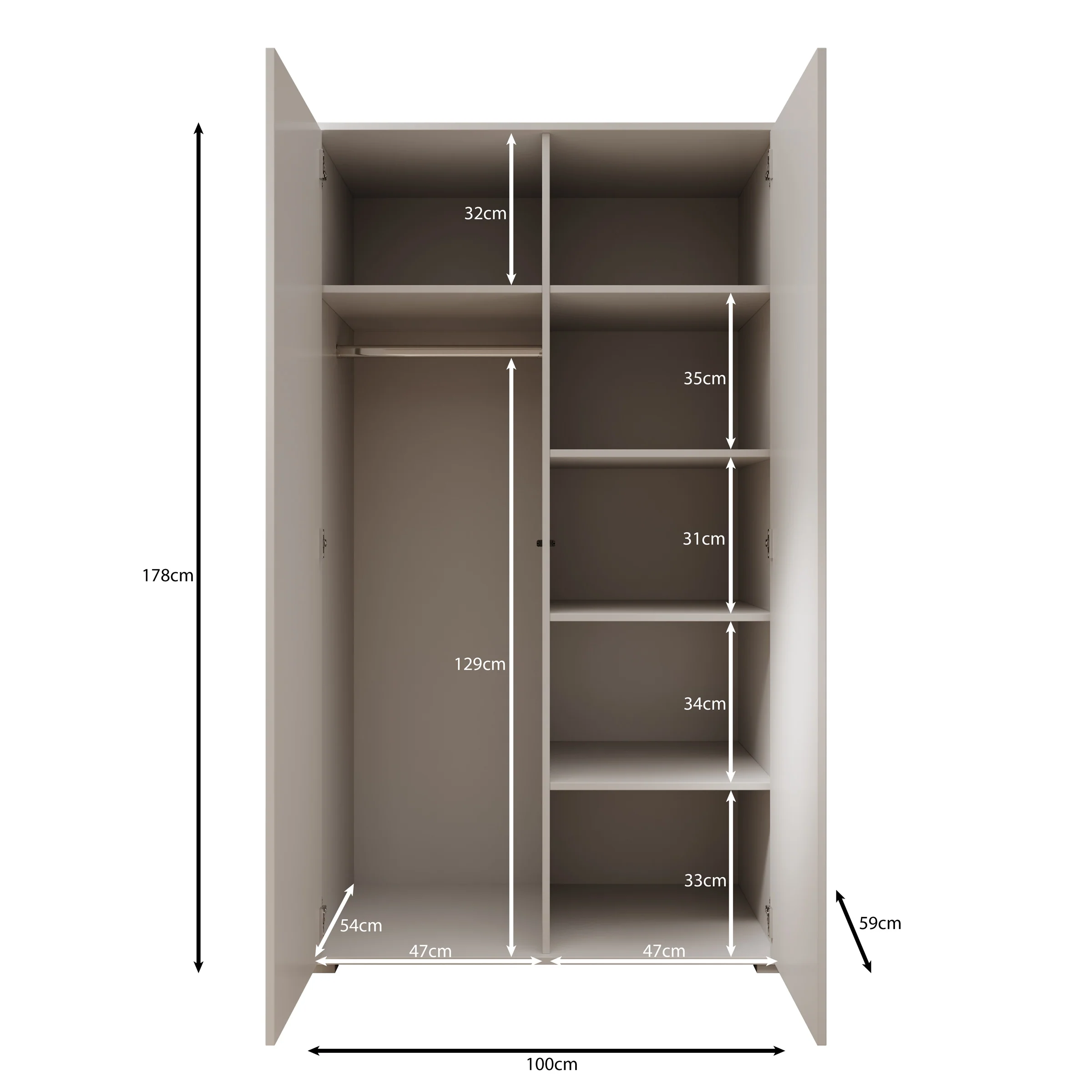 Gideon - Kledingkast 2-deurs - Beige - 100x59x178 cm - Image 5