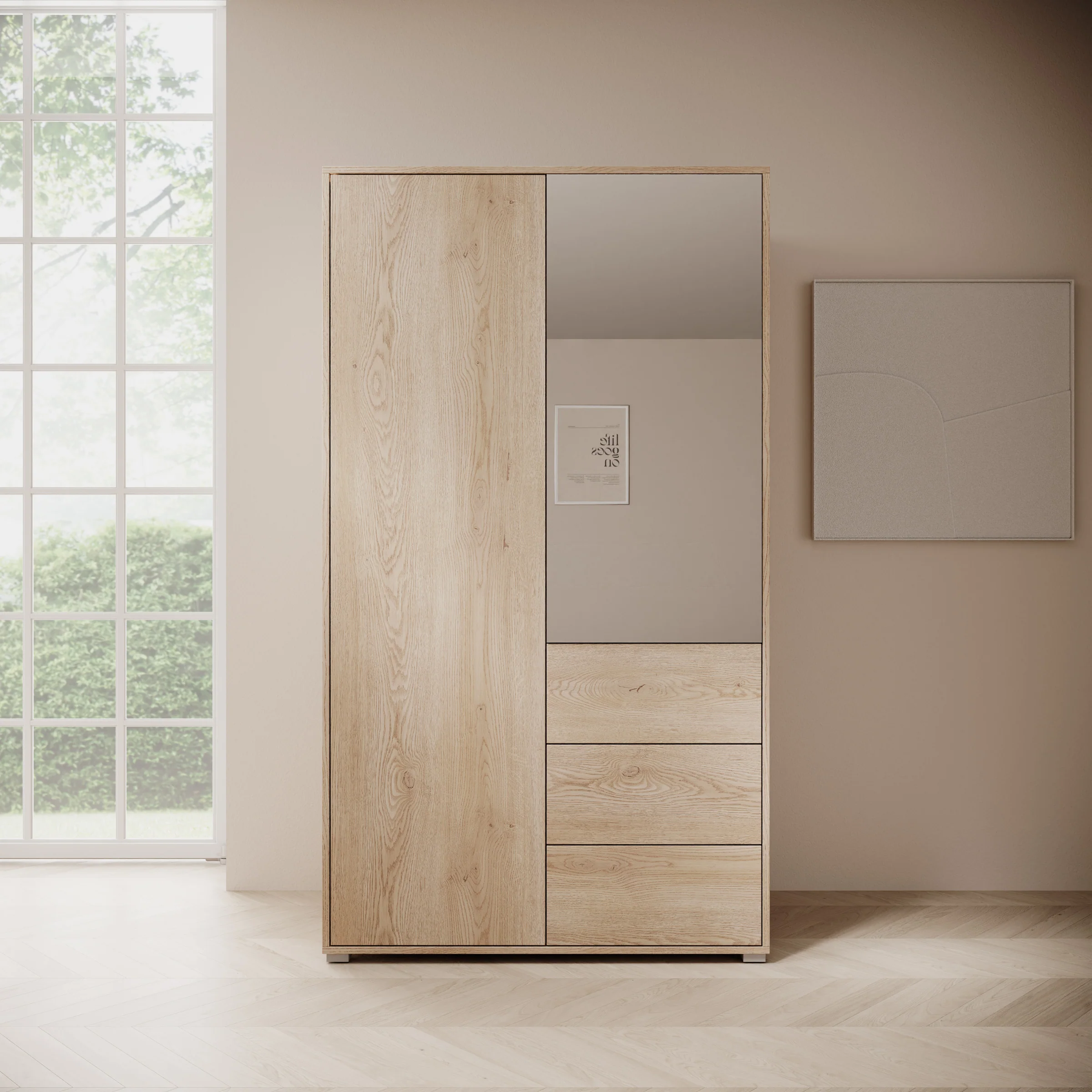 Gideon - Kledingkast met spiegel - Eikenpatroon - 100x59x178 - Image 3