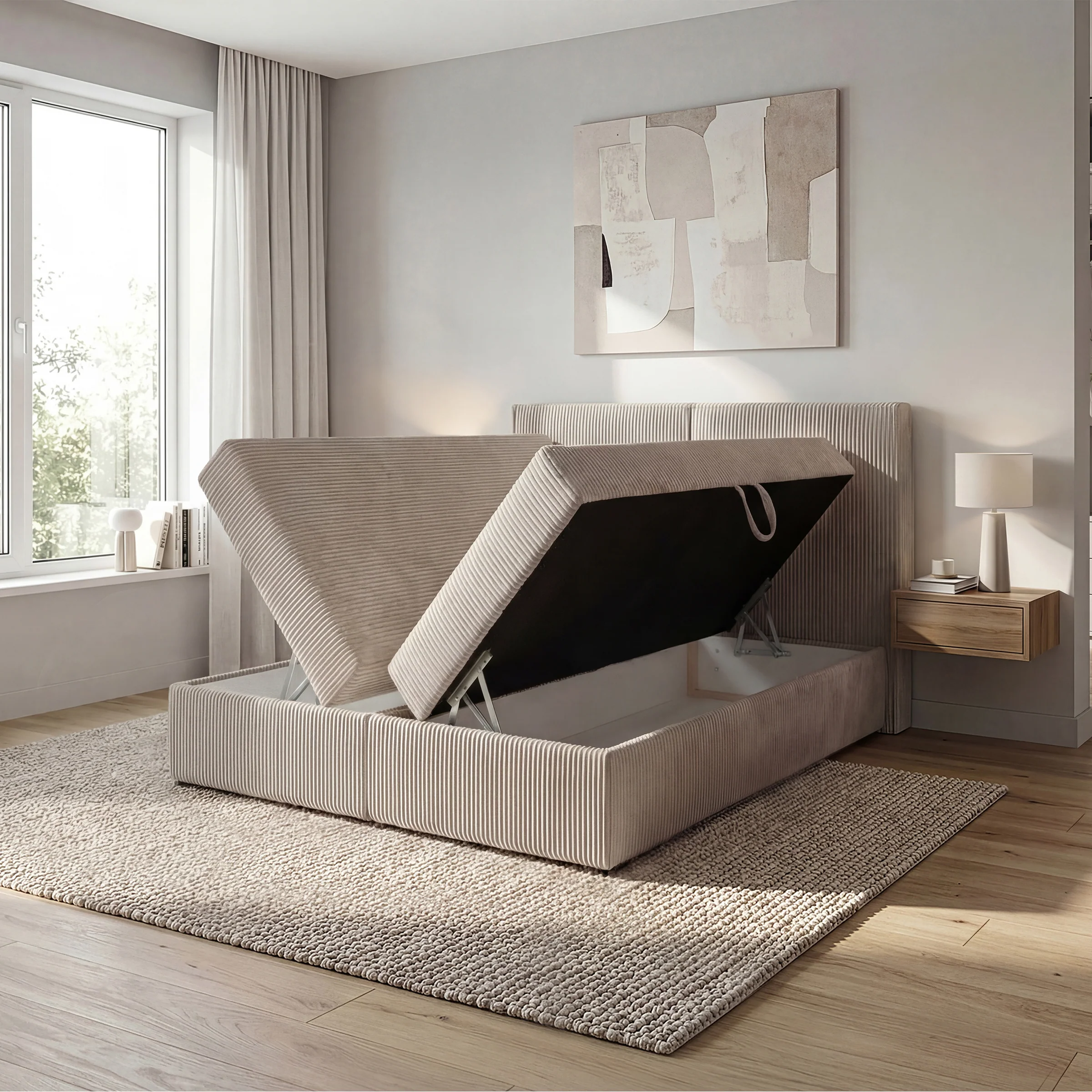 Iro - Boxspring met opbergruimte - Ribstof beige - 140x200 cm - Image 2