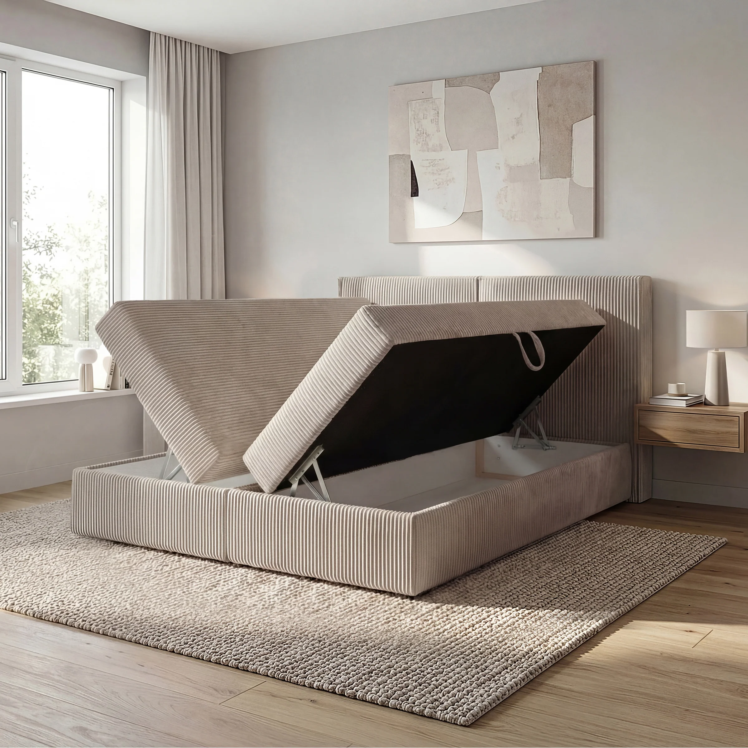 Iro - Boxspring met opbergruimte - Ribstof beige - 180x200 cm - Image 2