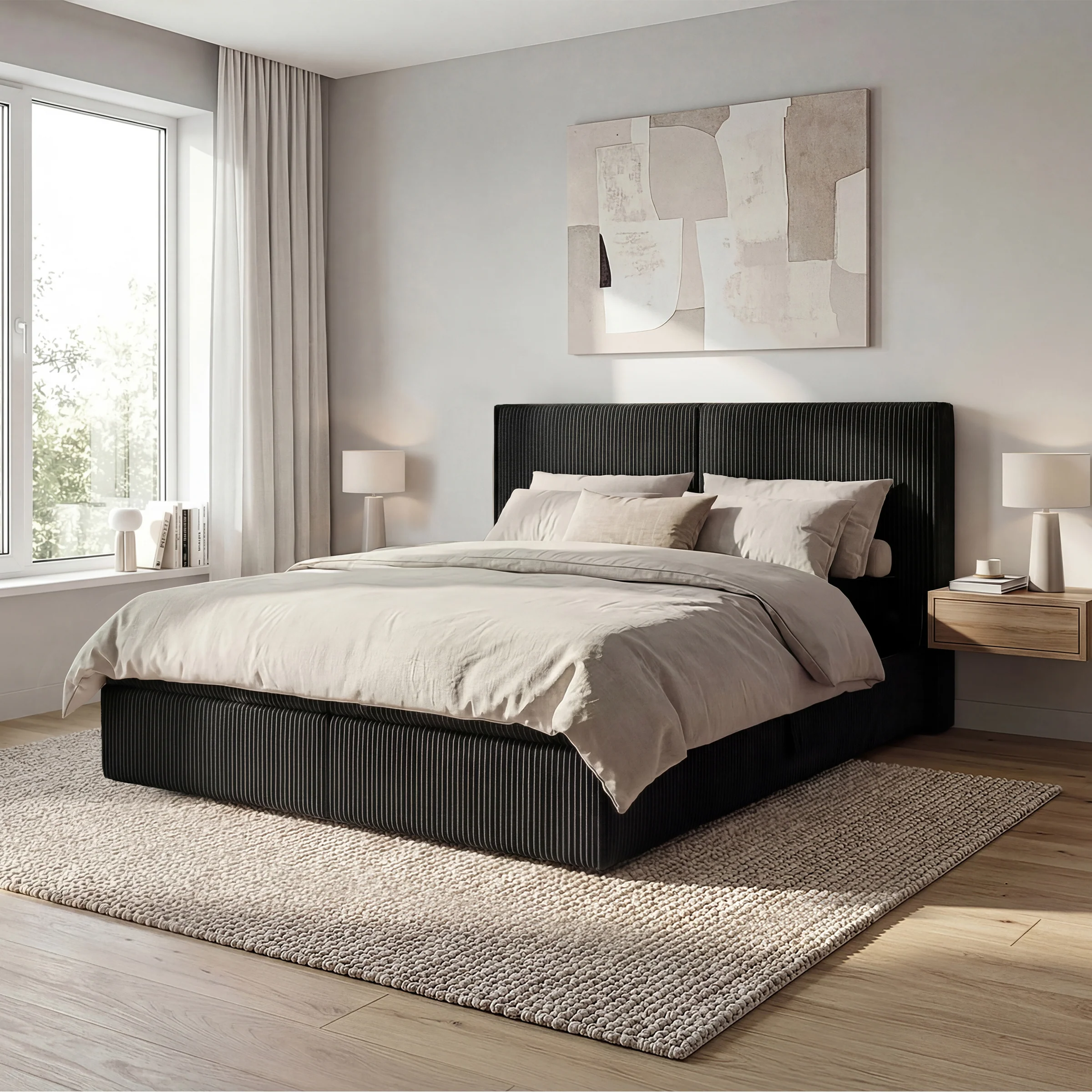 Iro - Boxspring met opbergruimte - Ribstof zwart - 180x200 cm