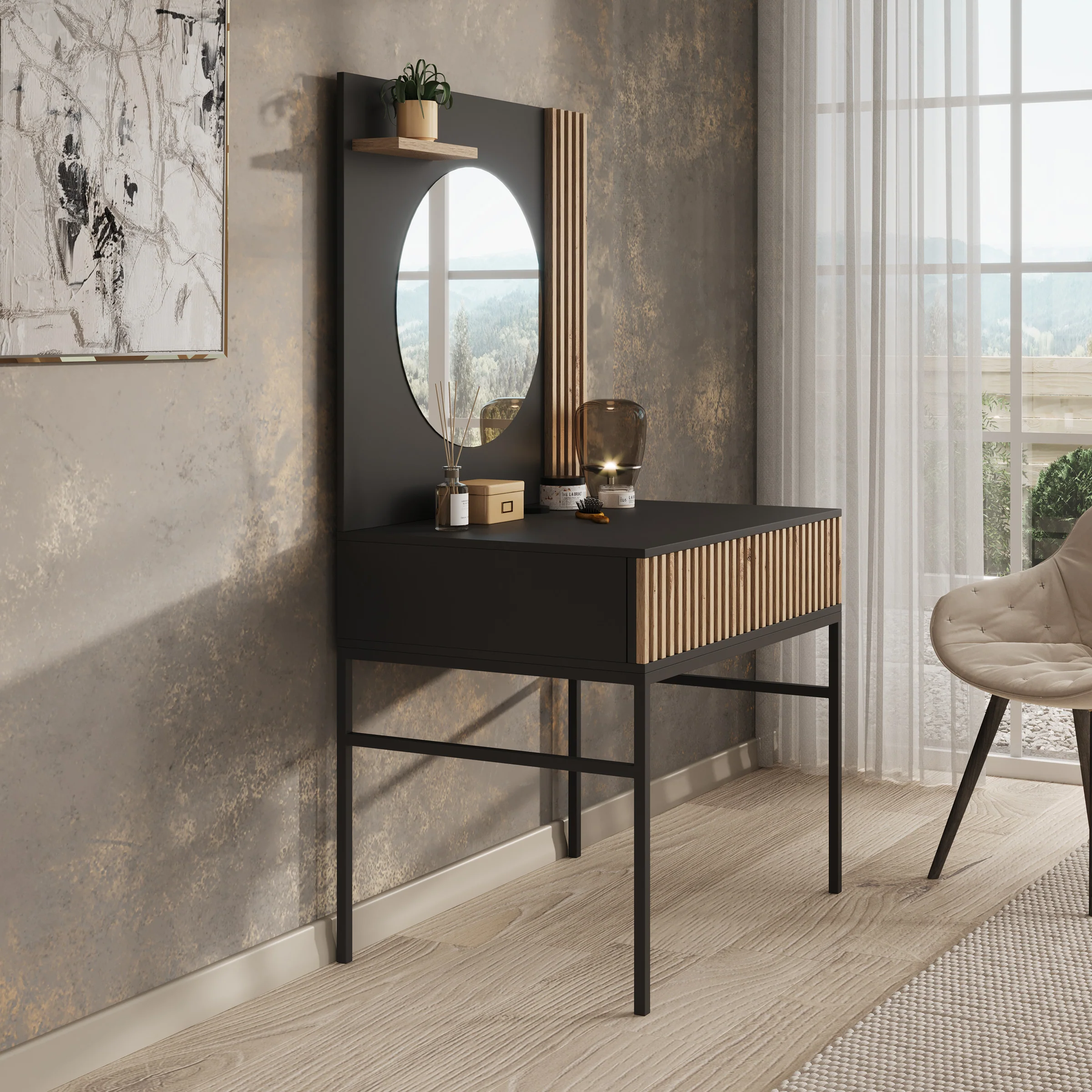 Marbella - Kaptafel met spiegel - Zwart - 85x60x155 cm - Image 4