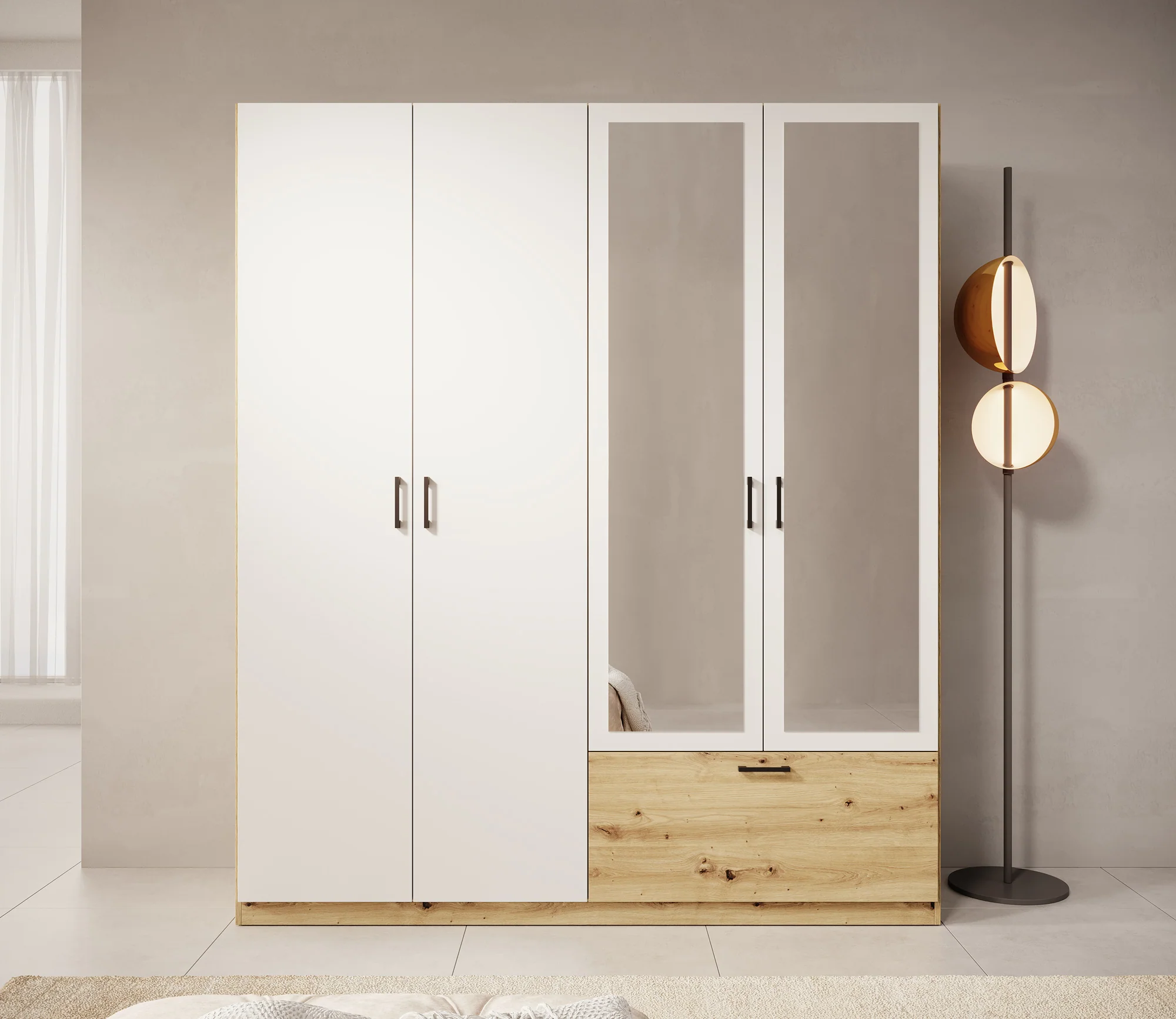 Audrey - Kledingkast 4-deurs en spiegel - Wit - 180x54x210 cm - Image 2