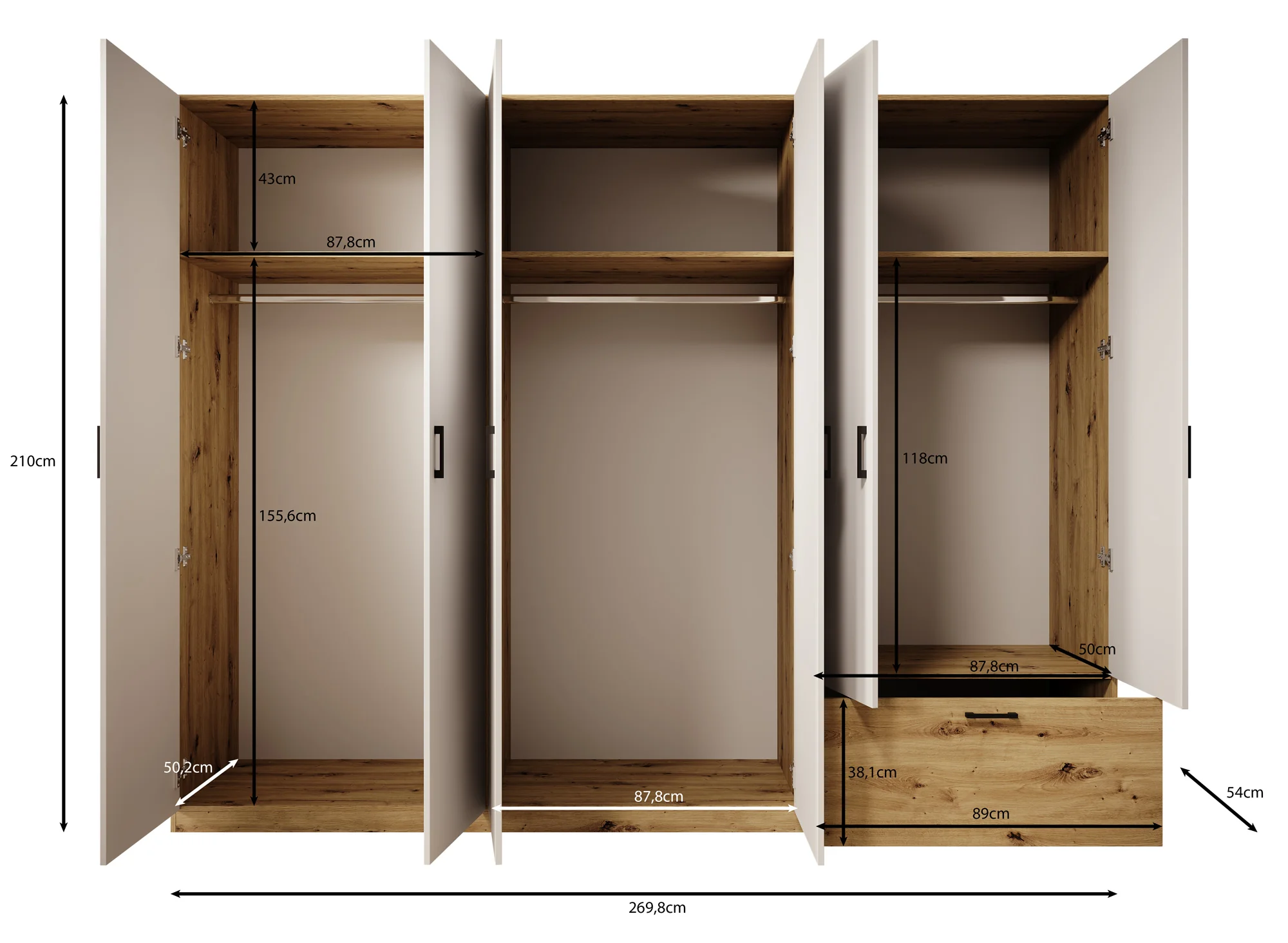Audrey - Kledingkast 6-deurs en spiegel - Wit - 270x54x210 cm - Image 5