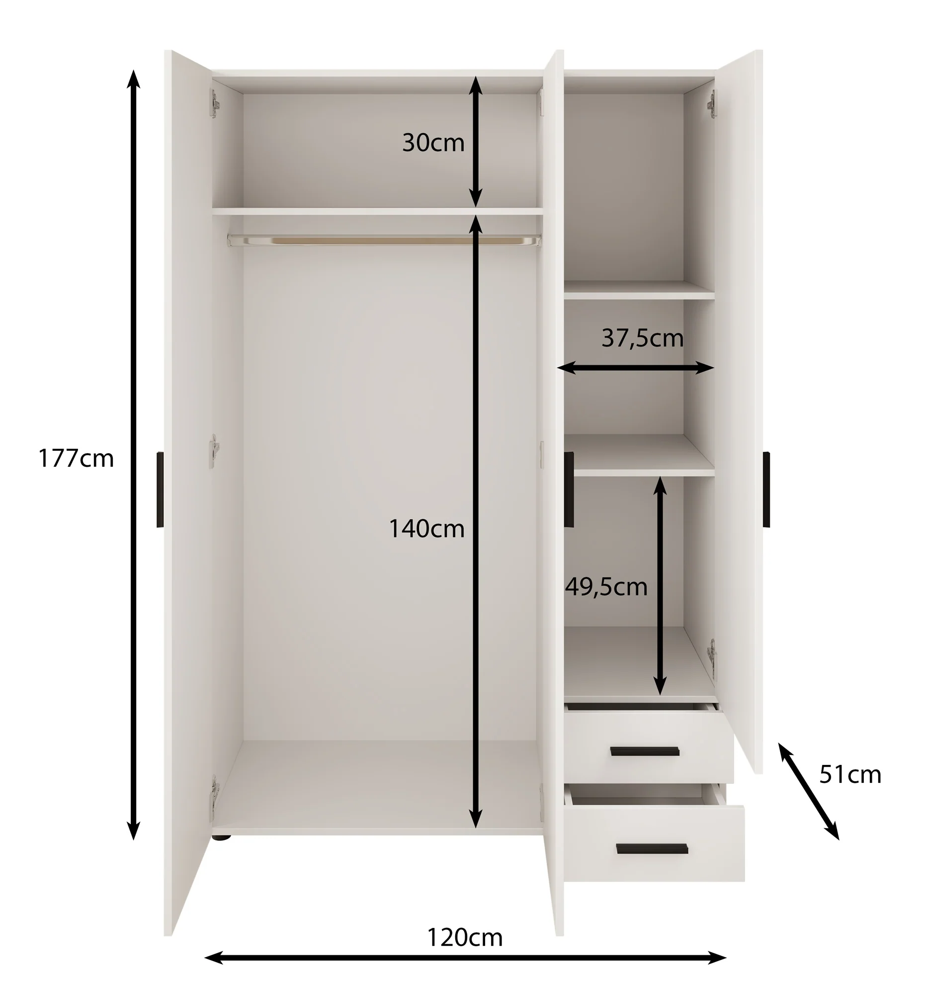 Bellini - Kledingkast 3-deurs - Wit - 120x51x177 cm - Image 5
