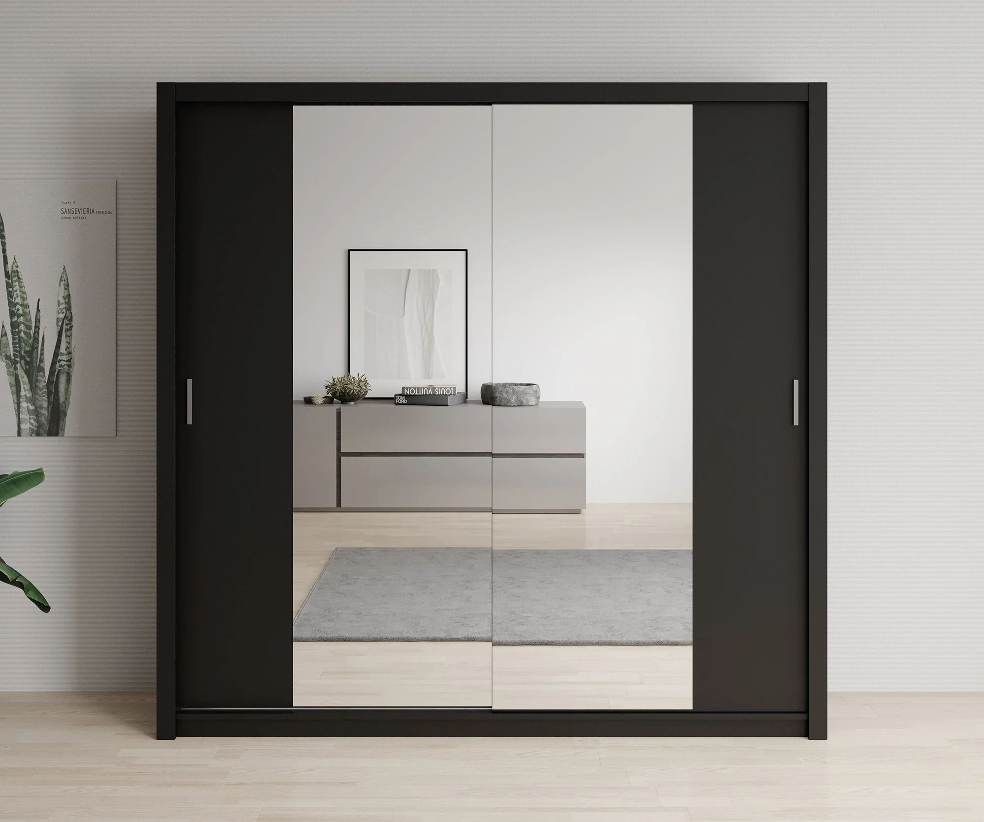 Blake - Kledingkast met spiegel - Zwart - 220x62x215 cm - Image 3