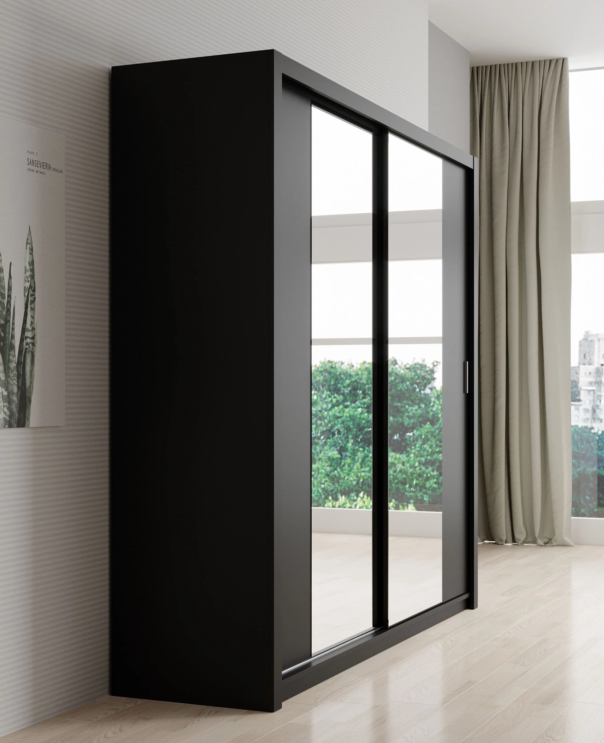 Blake - Kledingkast met spiegel - Zwart - 220x62x215 cm - Image 4