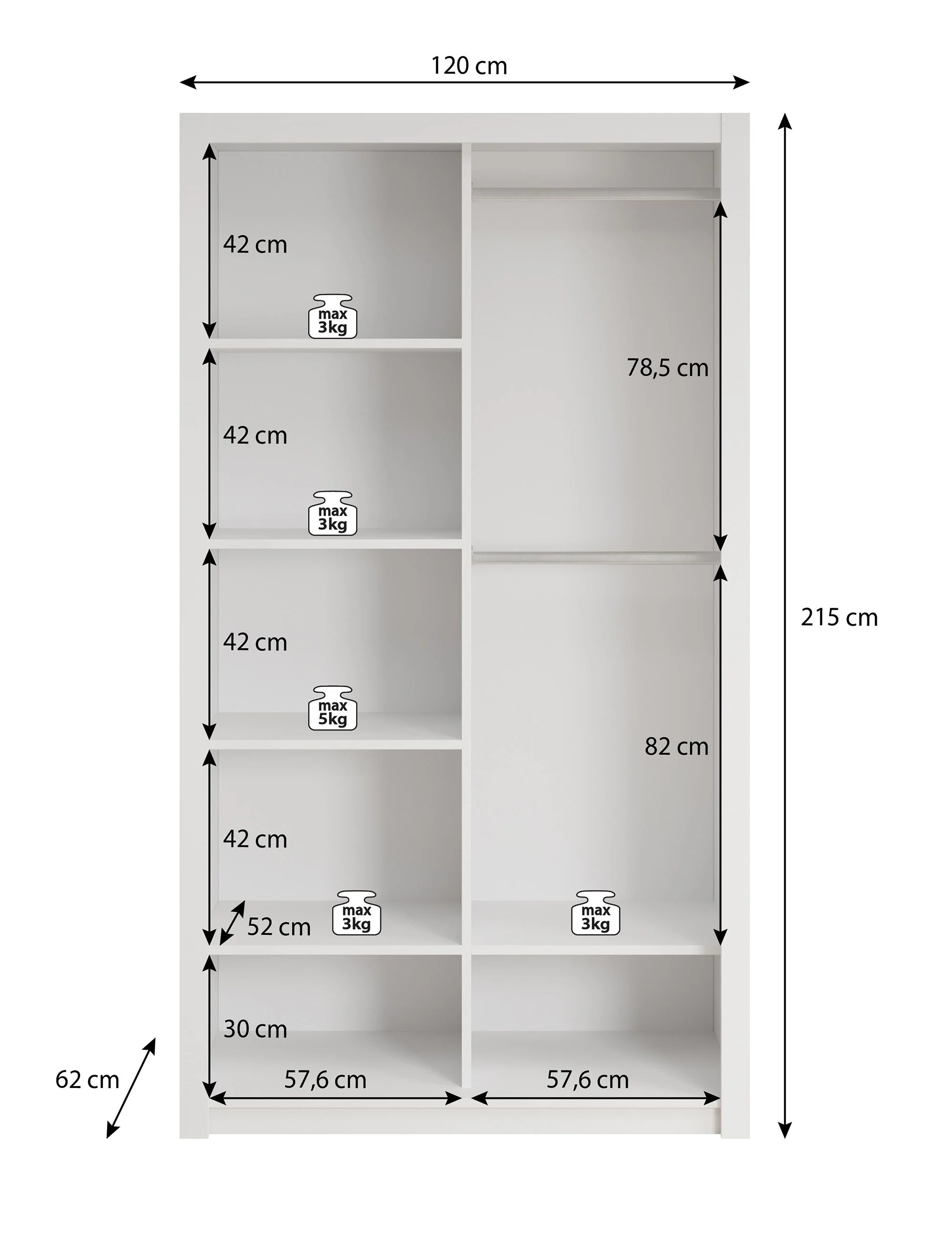 Blake - Kledingkast met schuifdeuren - Wit - 120x62x215 cm - Image 5