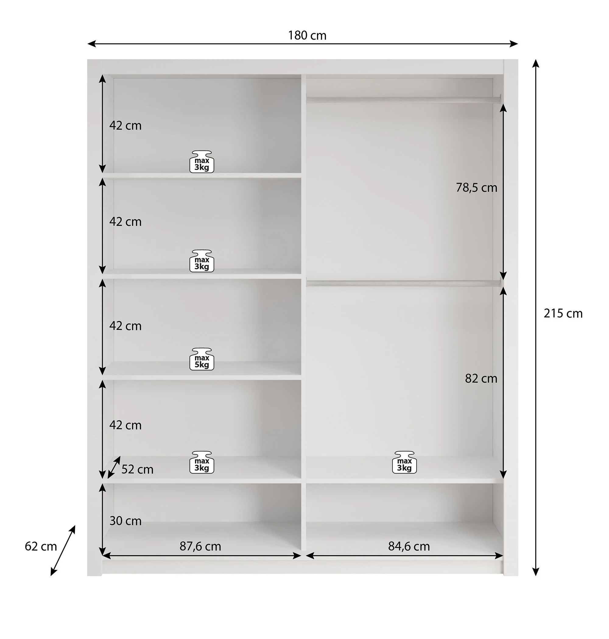 Blake - Kledingkast met spiegel - Wit - 180x62x215 cm - Image 5