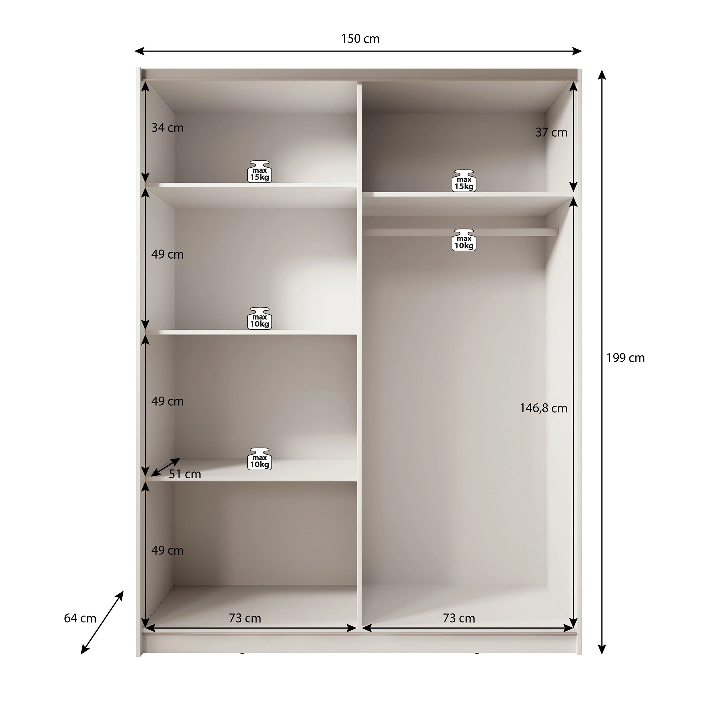Boets - Kledingkast met schuifdeuren - Wit/eiken - 150x64x199 cm - Image 5