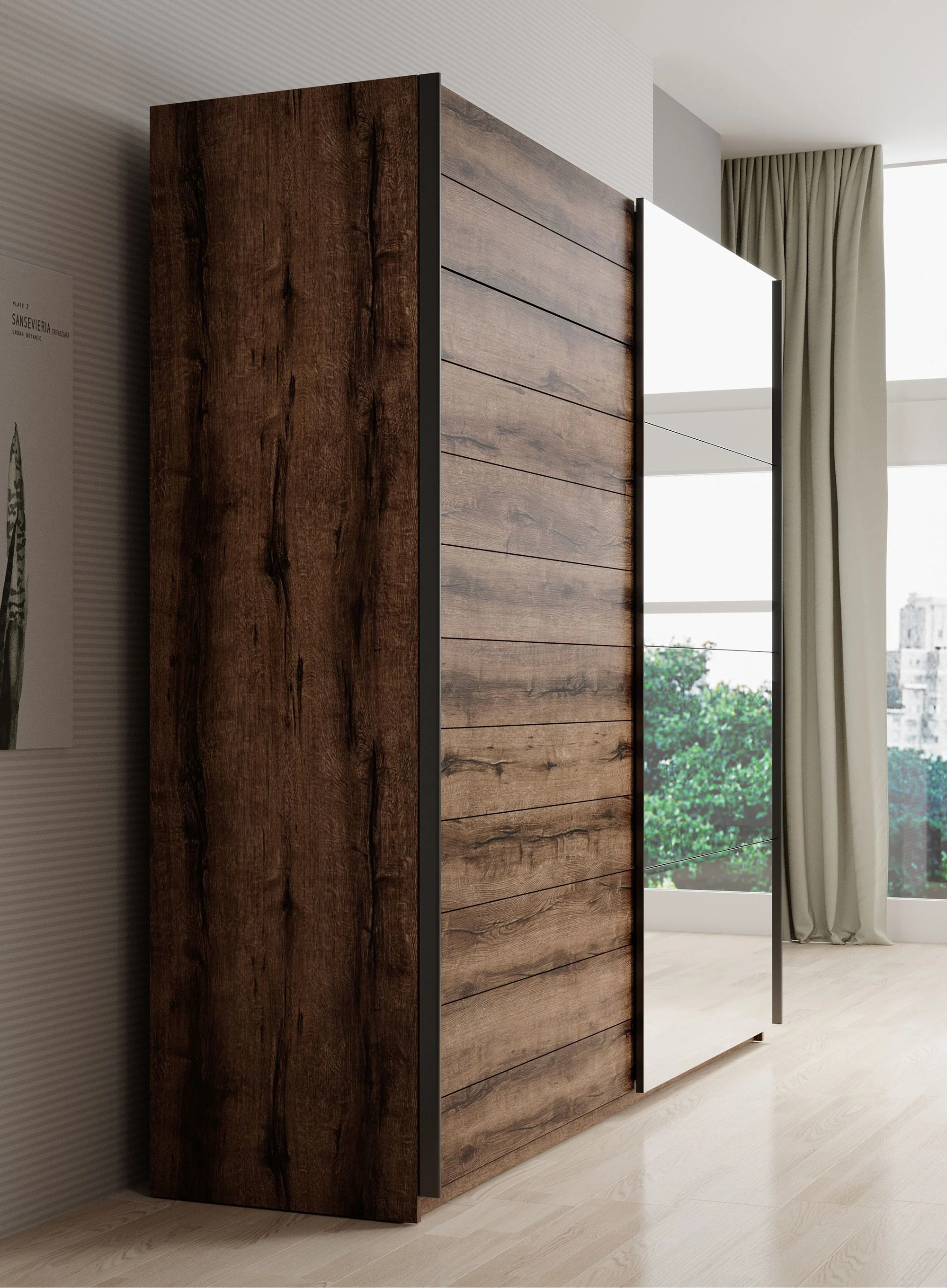 Brown - Kledingkast met schuifdeuren - Eiken - 200x57x210 cm - Image 3