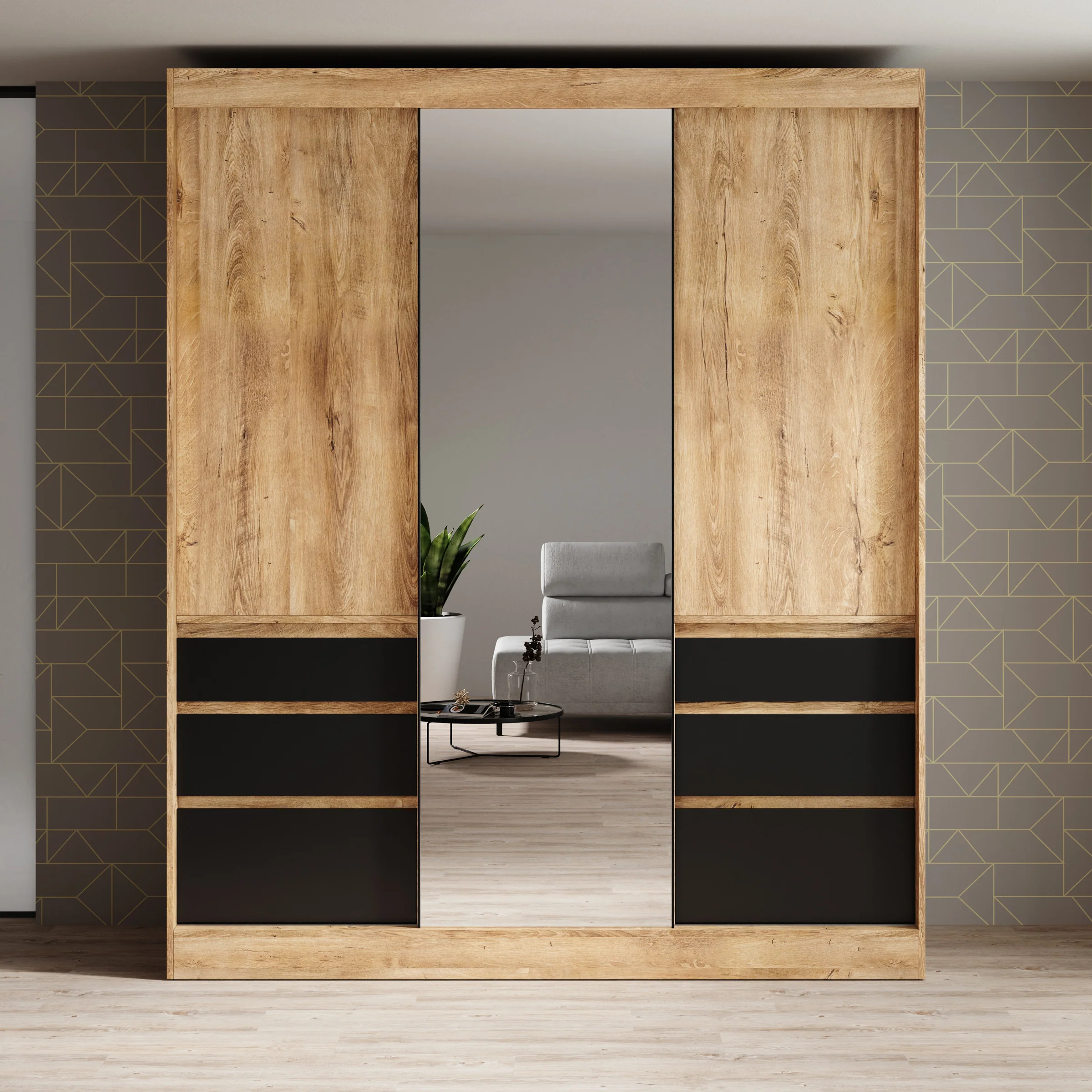 Henry - Kledingkast met schuifdeuren - Eiken/zwart - 180x65x216 cm - Image 3