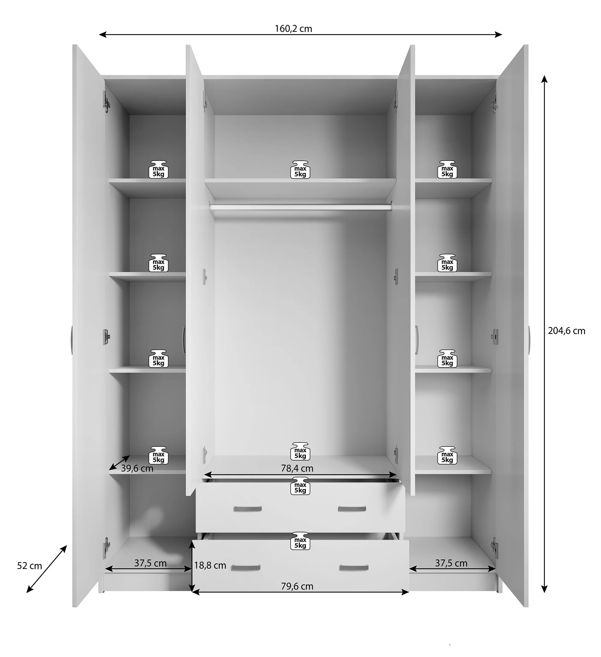 Hinto - Kledingkast 4-deurs - Wit - 160x52x205 cm - Image 6