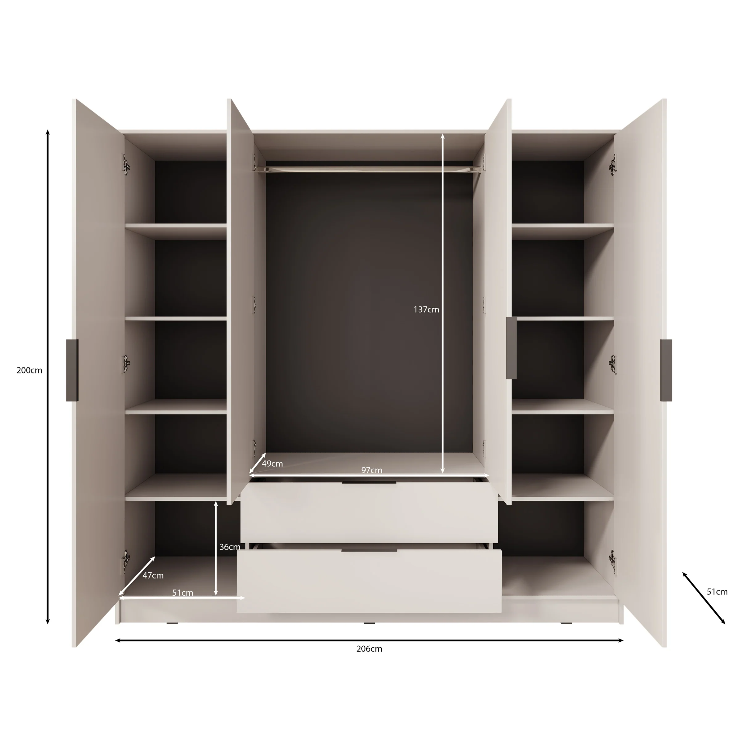 Kellan - Kledingkast 4-deurs - Beige - 206x51x200 cm - Image 6