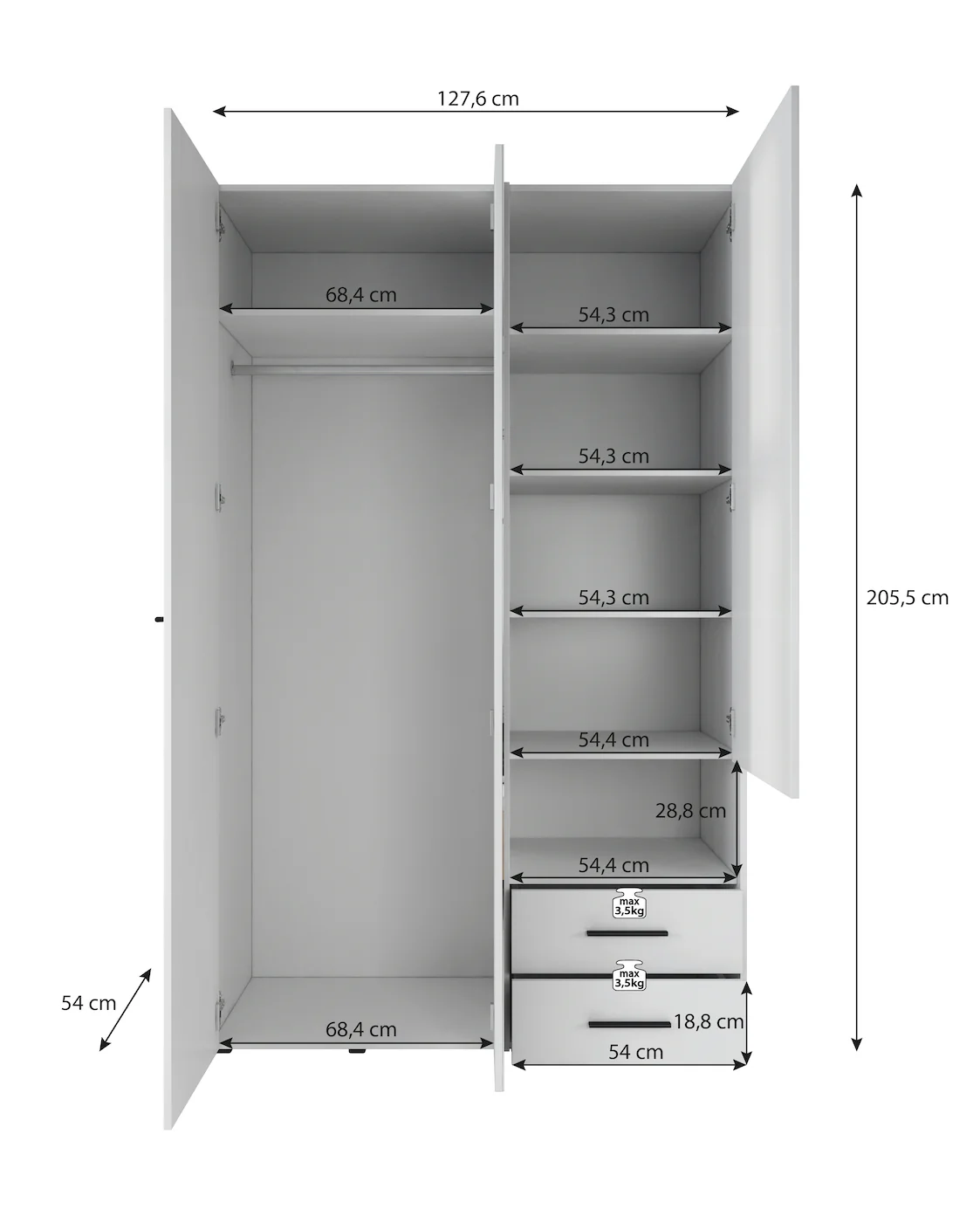 Laura - Kledingkast met deuren - Wit - 128x54x206 cm - Image 4