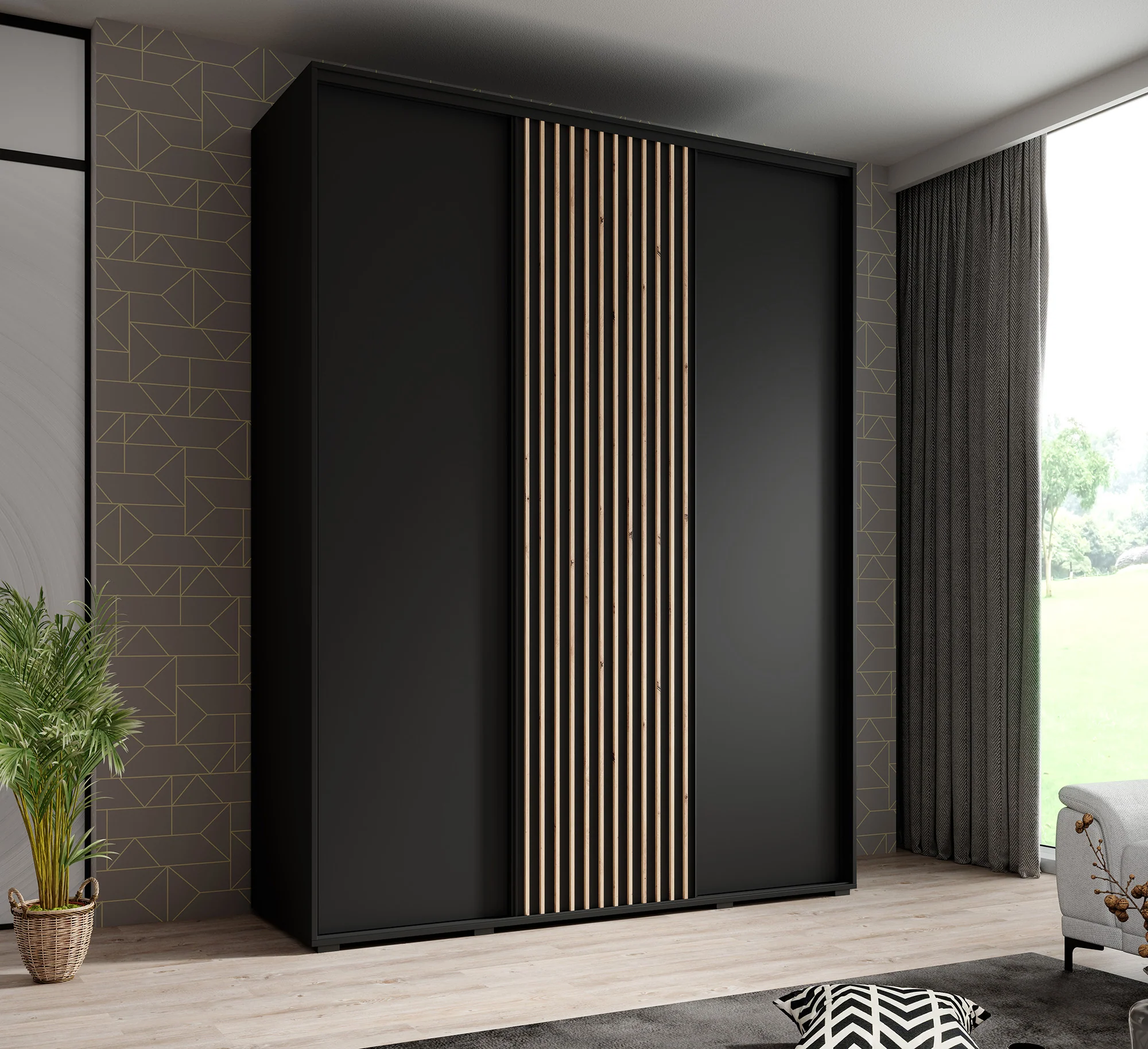 Leandro - Kledingkast met schuifdeuren - Zwart - 180x60x235 cm