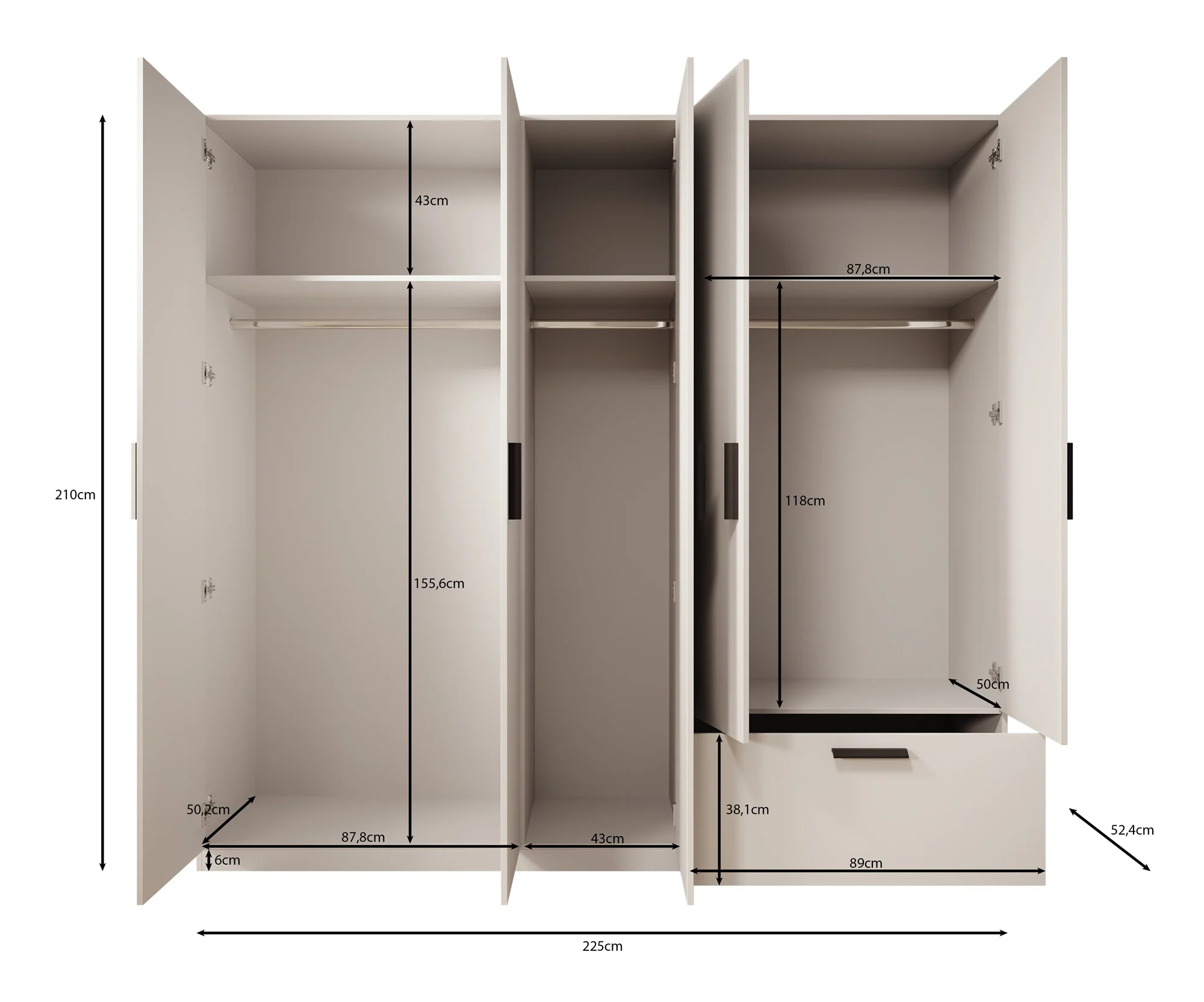 Lillian - Kledingkast 5-deurs - Wit - 225x54x210 cm - Image 5