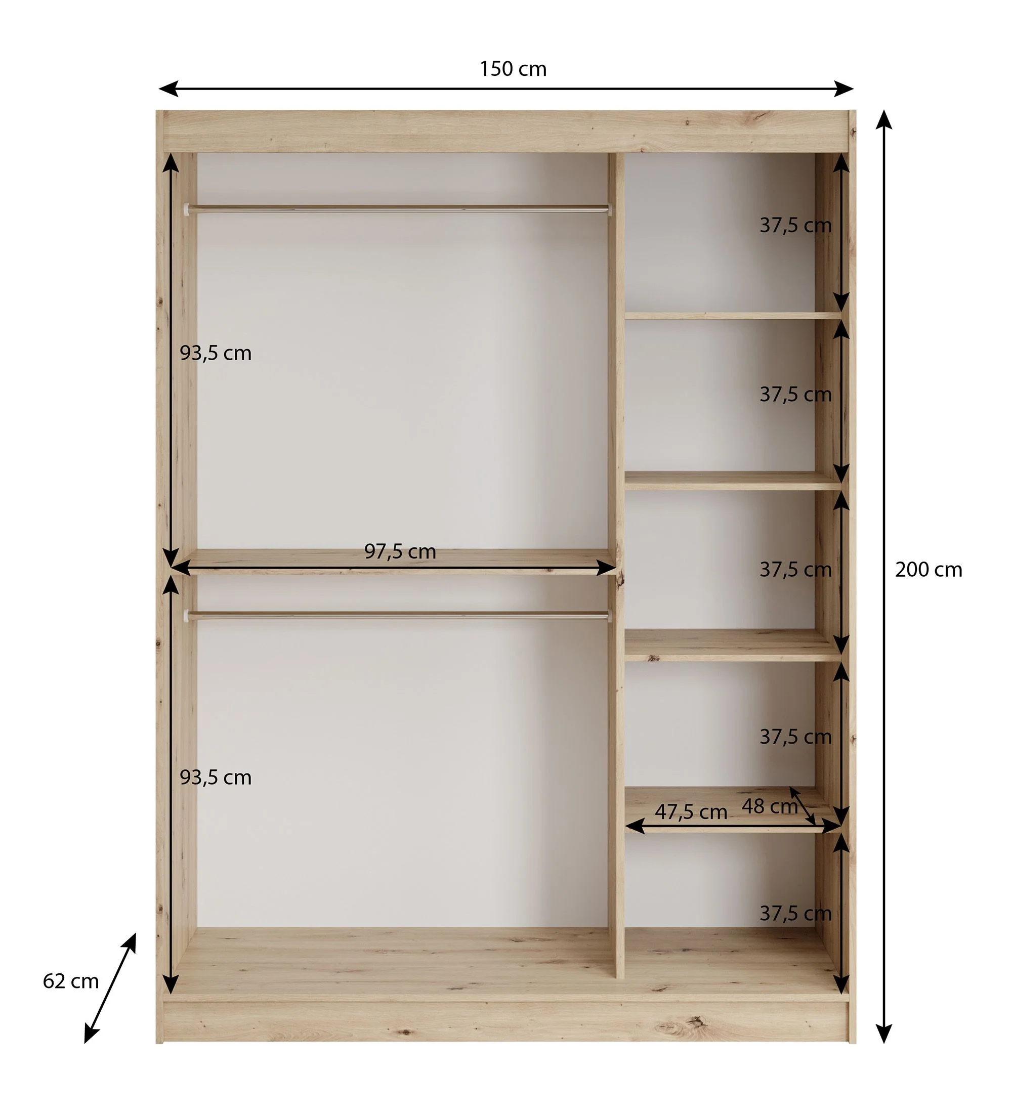 Lisbon - Kledingkast met schuifdeuren - Zwart/eiken - 150x62x200 cm - Image 5