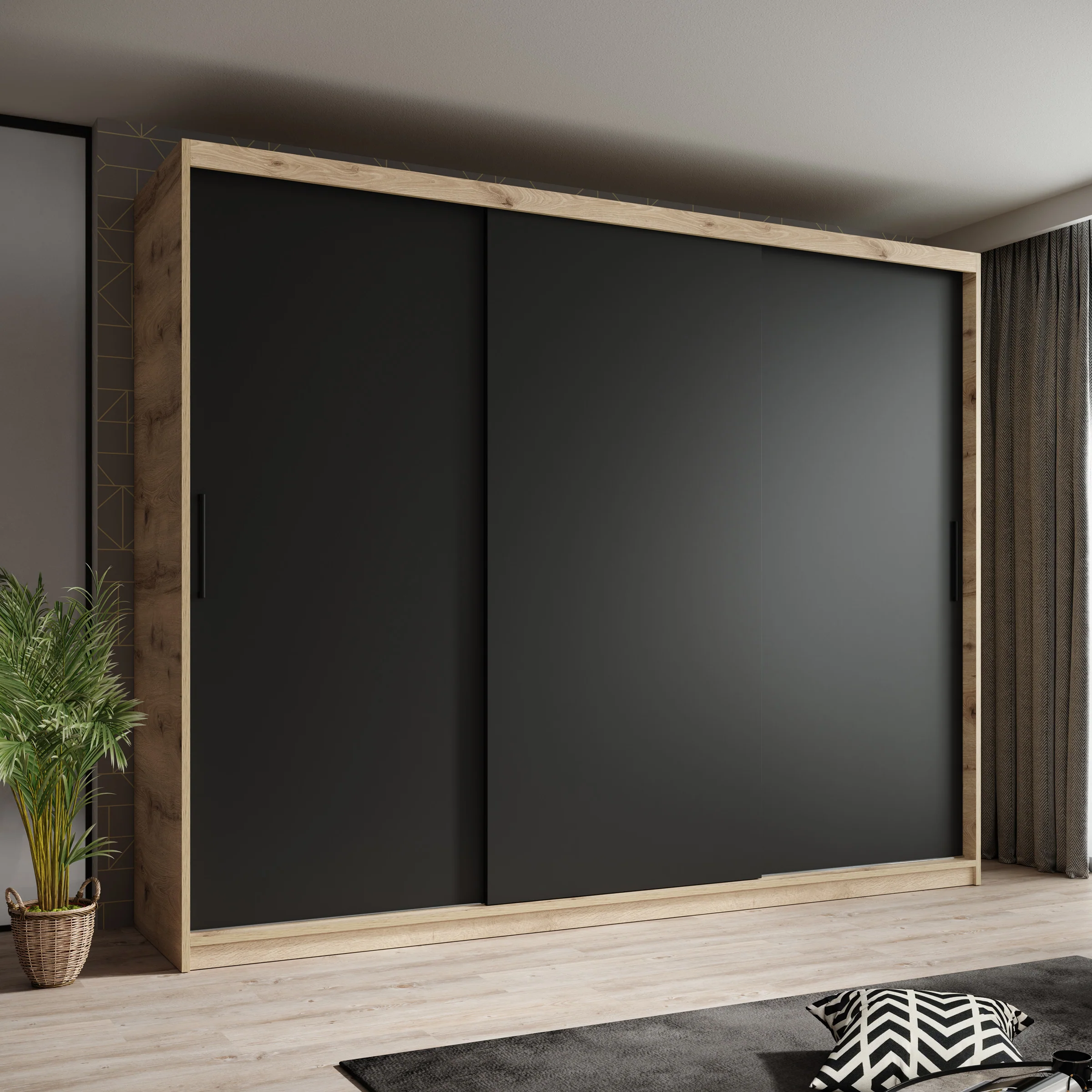 Luxor - Kledingkast met schuifdeuren - Zwart/eiken - 250x62x200 cm