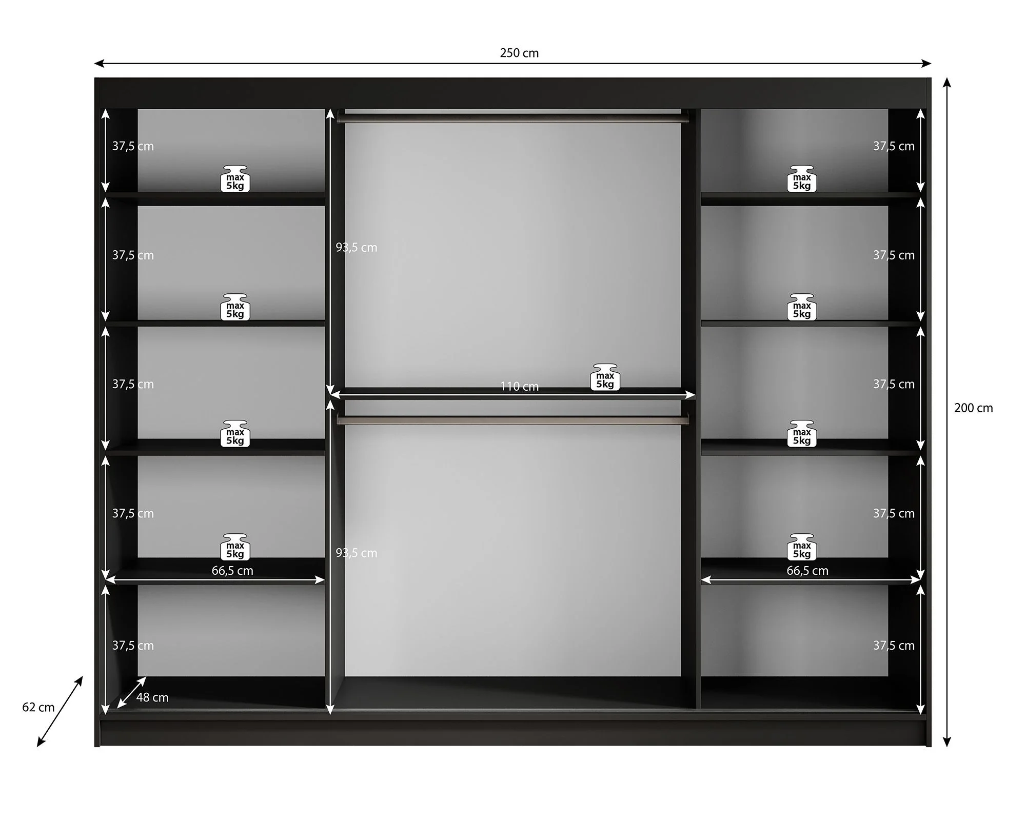 Malavi 2 - Kledingkast met schuifdeuren - Zwart - 250x62x200 cm - Image 6