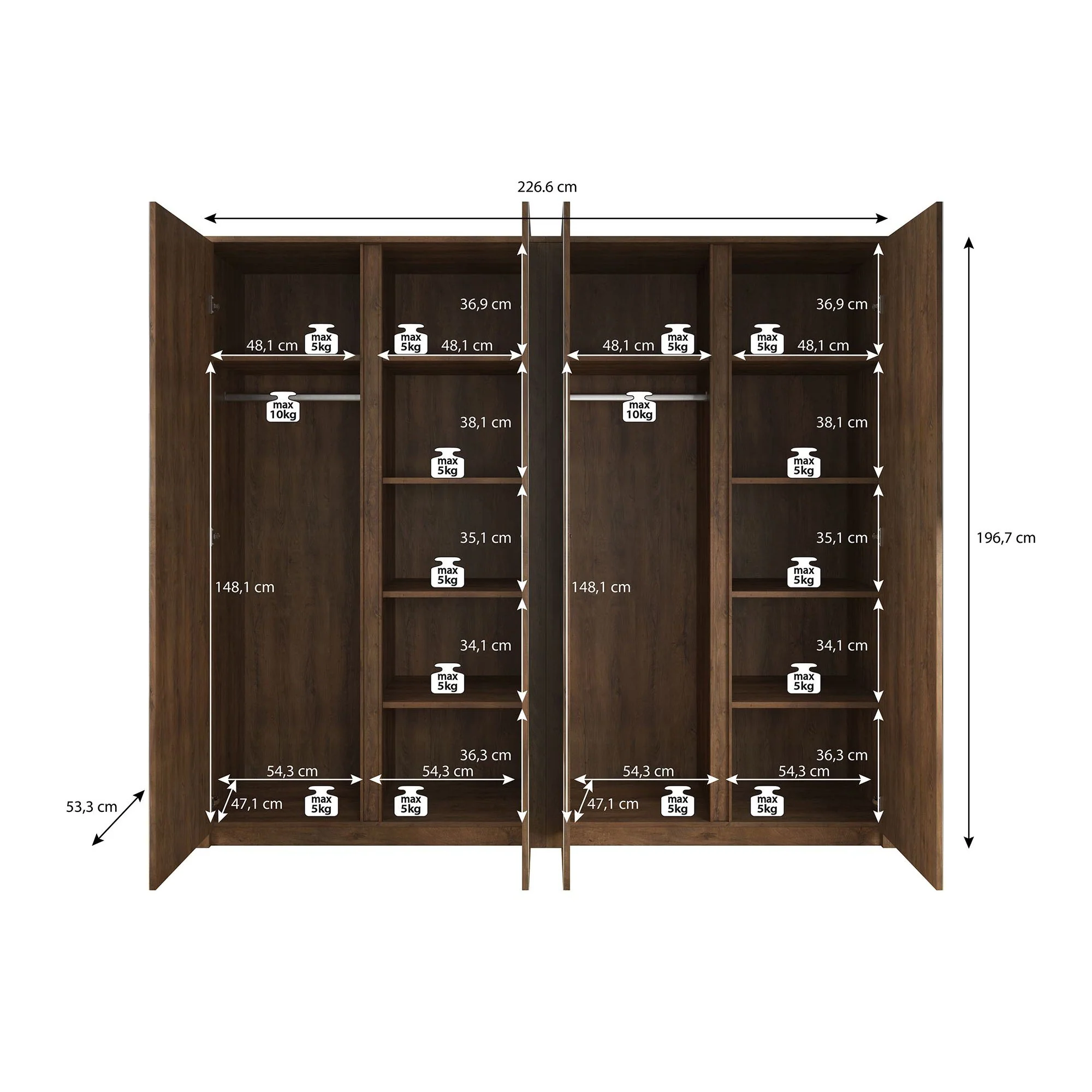 Malibu - Kledingkast 4-deurs - Eiken - 227x53x197 cm - Image 5