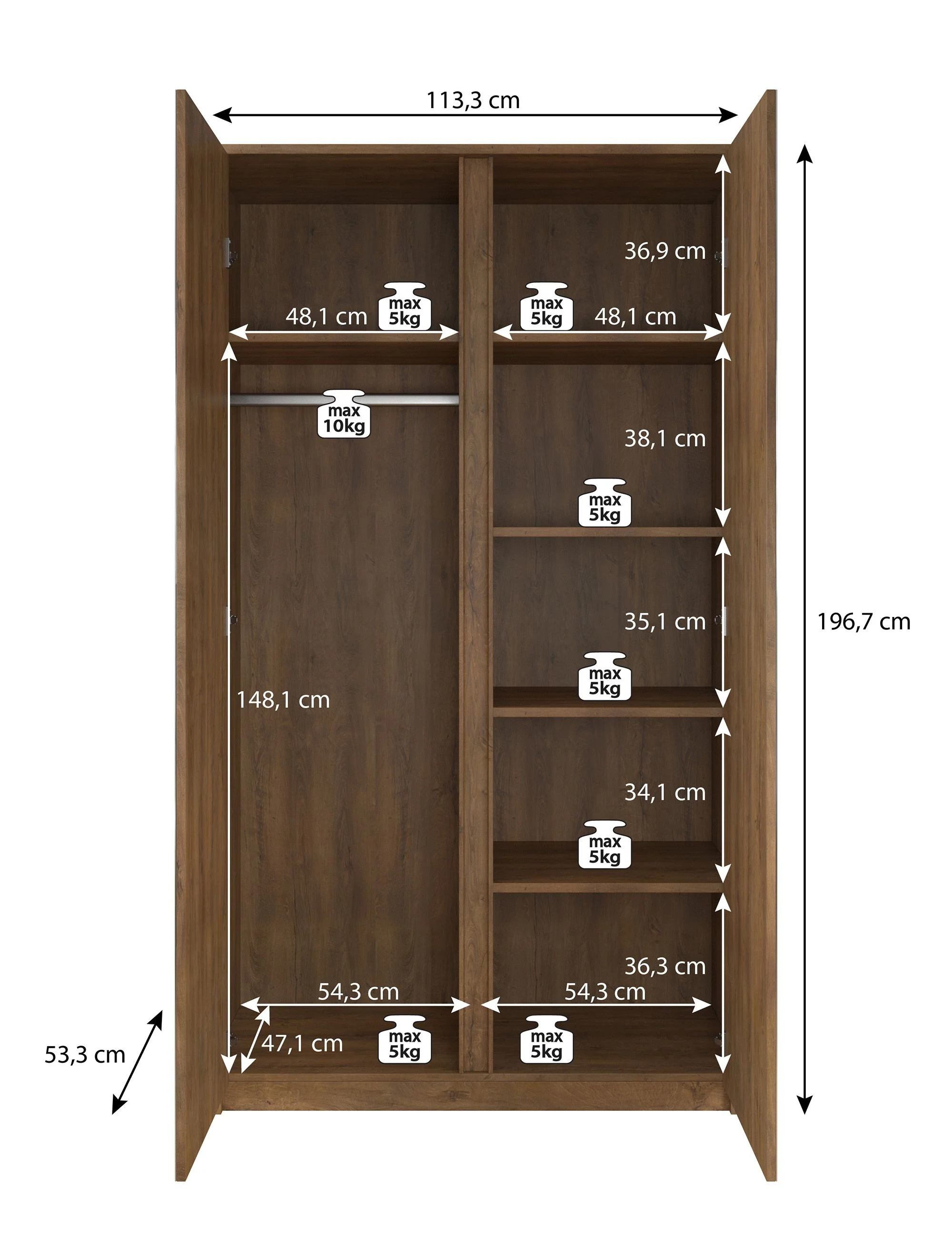 Malibu - Kledingkast 2-deurs - Wit - 113x53x197 cm - Image 5
