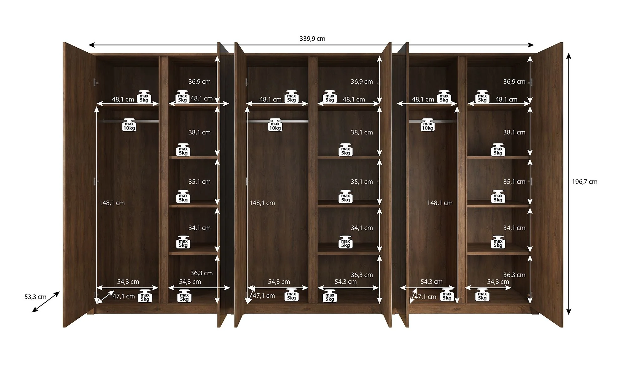 Malibu - Kledingkast 6-deurs - Wit - 340x53x197 cm - Image 5